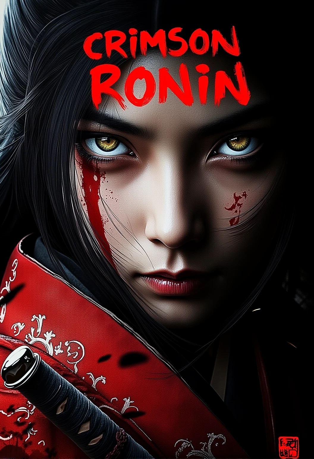 . A close-up of a female Samurai with focused eyes, showcasing delicate fabric patterns on the kimono. The text "Crimson Ronin" is prominently displayed at the top of the image, styled in samurai-themed brushstroke font, blending seamlessly with the close-up scene., <lora:bv-crimson-ronin-style-v1.safetensors:1.0:1.0>