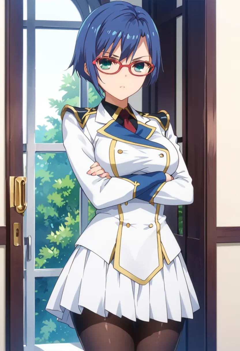 score_9, score_8_up, score_7_up, score_6_up,
masterpiece,

1girl, solo,

Shigure Kasumi, blue hair, short hair, green eyes, blue eyes, glasses, red-framed eyewear,

uniform, military uniform, skirt, pantyhose, looking at viewer, crossed arms,