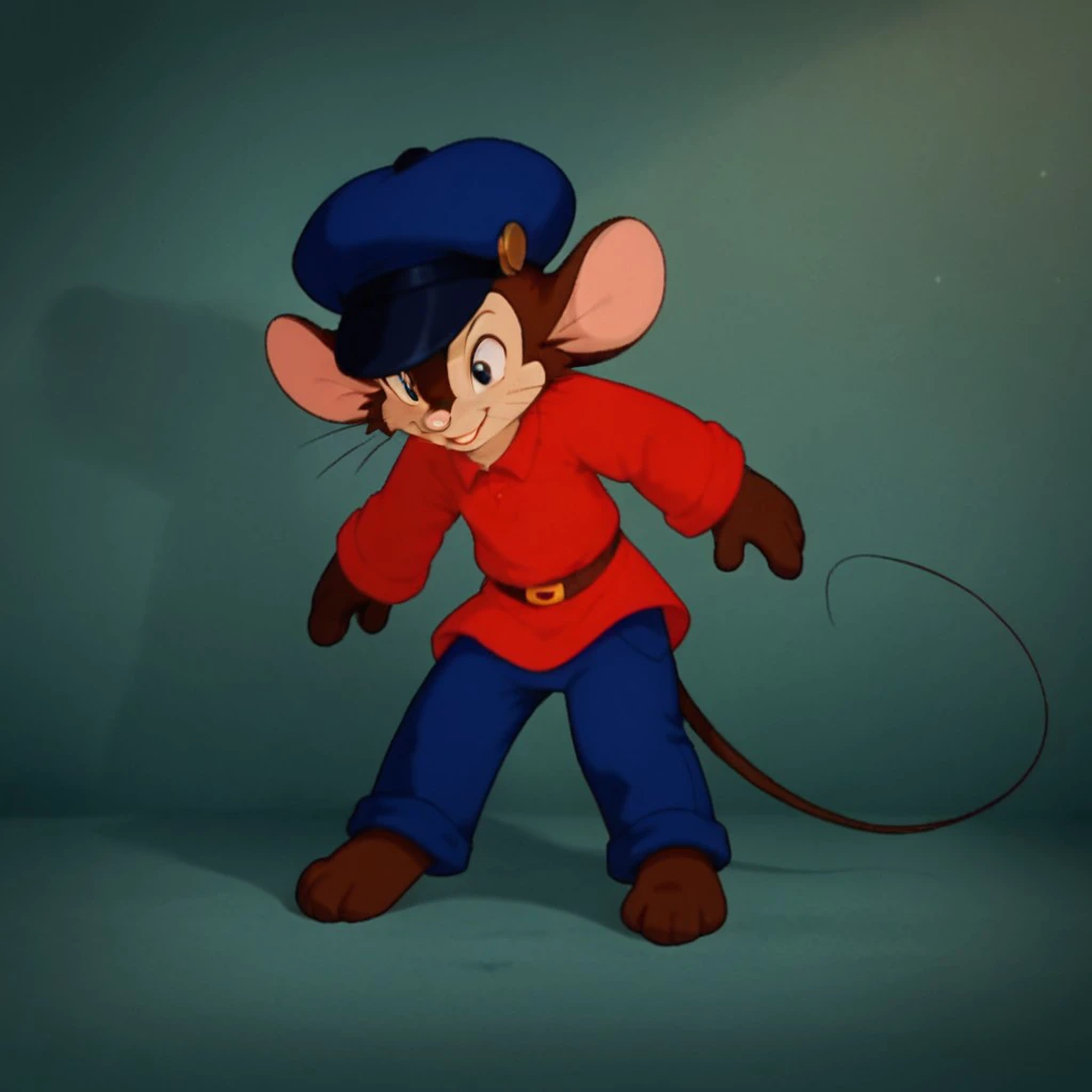 score_9, score_8_up, score_7_up, score_6_up, score_5_up, score_4_up, source_furry, Fievelfgw, young anthro, male, mouse, brown fur,  full body, one 1boy, solo,  barefoot, solo, red shirt, blue pants, blue hat, <lora:ce4aa880-b800-4ce3-824c-7c128e08729e:0.7>