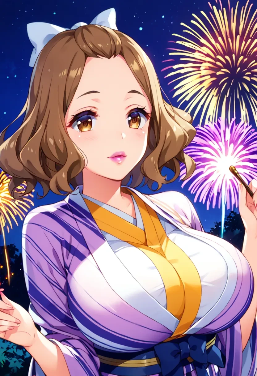 score_9, score_8_up, score_7_up, score_6_up,
masterpiece,

1girl, solo,

Kōzuki Momoko, brown eyes, brown hair, hair bow, bow, pink lipstick, breasts, large breasts,

upper body, yukata, outside, fireworks, night,