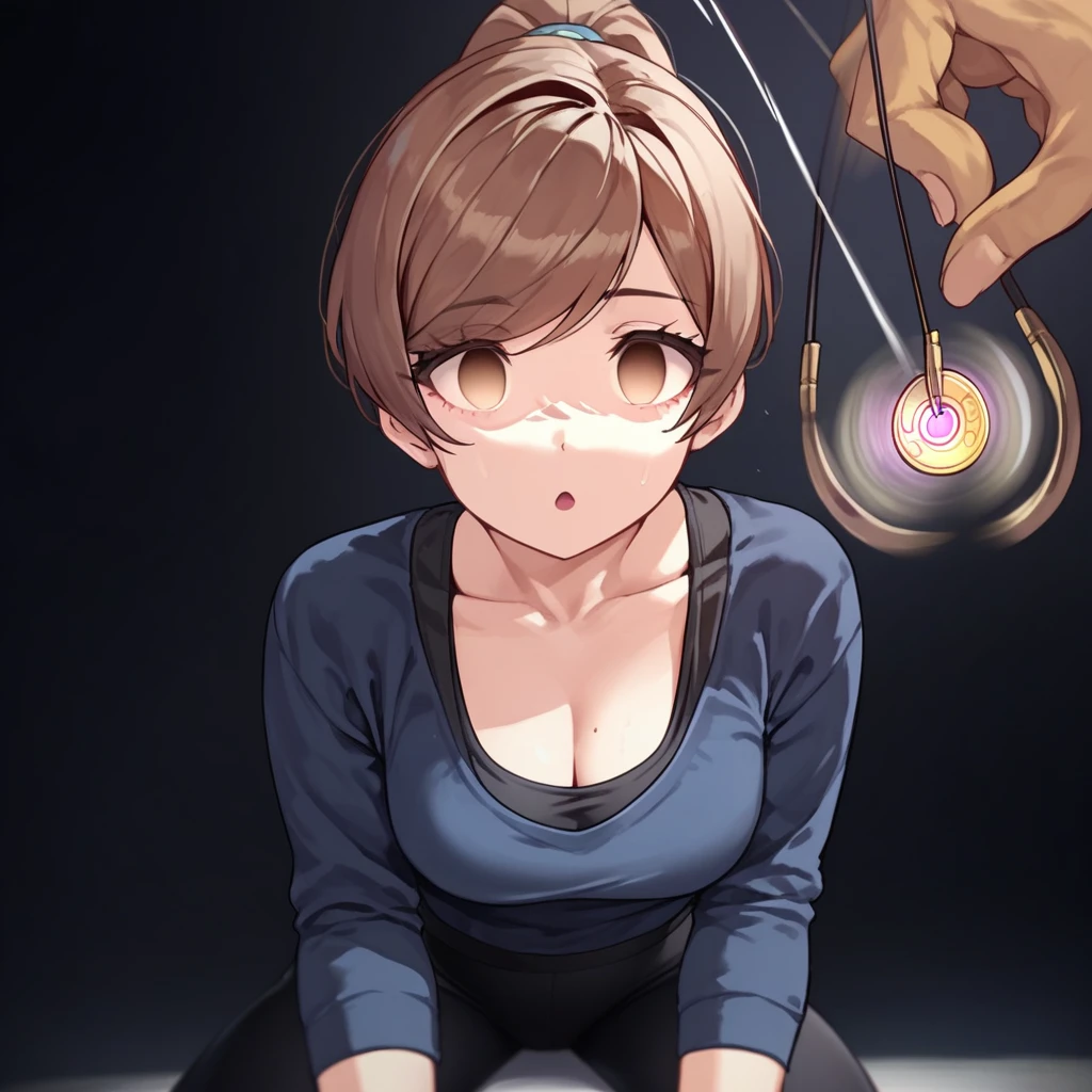 score_9,score_8_up,score_7_up,score_6_up,score_5_up,score_4_up , (hypnosis, mind control), ((empty_eyes)), 1girl, blank stare, open mouth, sultry, swept bangs, brown ponytail, blue sweater, black shirt, cleavage, black yoga pants, long eyelashes,