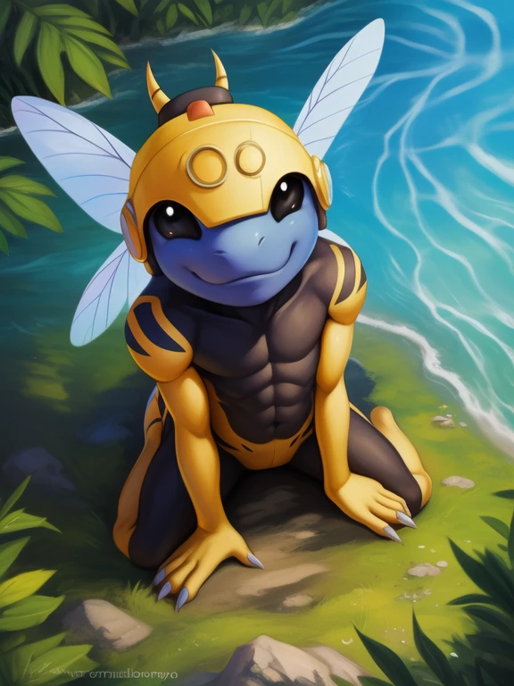 <lora:HoneybeemonDXWYif:1> HoneybeemonDXW, bee, insect, insect wings, black sclera, black eyes, anthro, white claws, (chibi, small body, ) black belly, ((blue face,)) red sting head, prankster
Looks at the viewer, [ solo, nature, forest, day, clouds, waterfall,  ,]((cowgirl position,  high-angle view,))
beautiful, aesthetic, perfect, delicate, intricate, saturated colors, masterpiece, digital drawing, best quality,
by Iskra, by Castitas, by Honovy, by Bonifasko