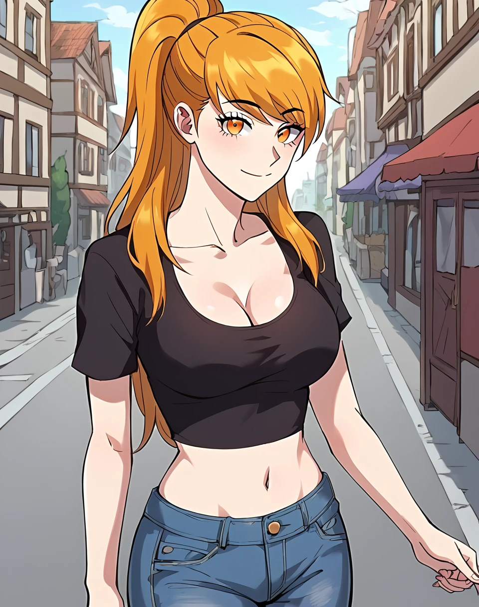 xiao_ninger, orange hair, orange eyes, detailed eyes, long hair, ponytail, manhua,  , medium breasts, cleavage, jeans shorts, black top tank, cropped top,  BREAK outdoors, city street, medieval BREAK looking at viewer, sexy face, happy, closed mouth, smile, cowboy shot, sexy pose BREAK score_9, score_8_up, score_7_up, source_anime ,zPDXL, perfect hand, <lora:Xiao_Ninger:0.8>