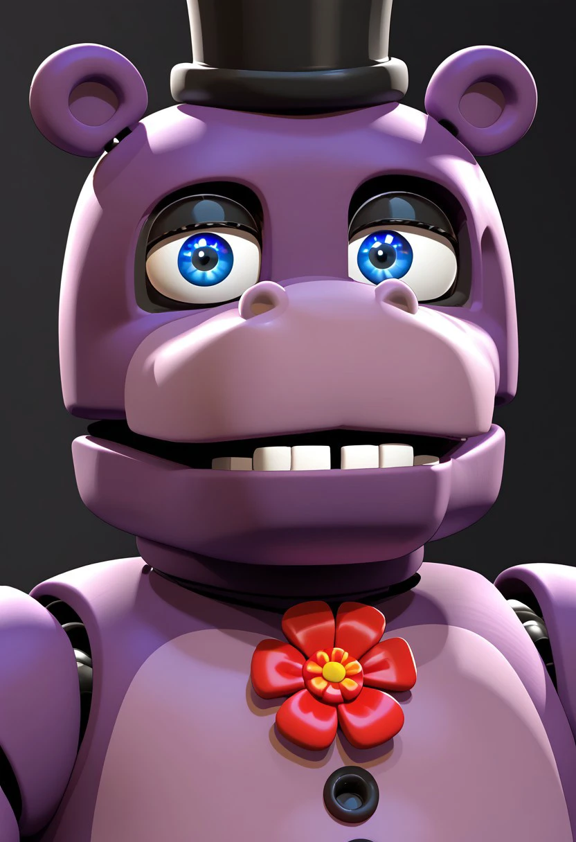 Mr Hippo, Purple Fur, Male, Blue eyes, red Flower on chest, top hat, donut ears, Animatronic, buttons, chubby,