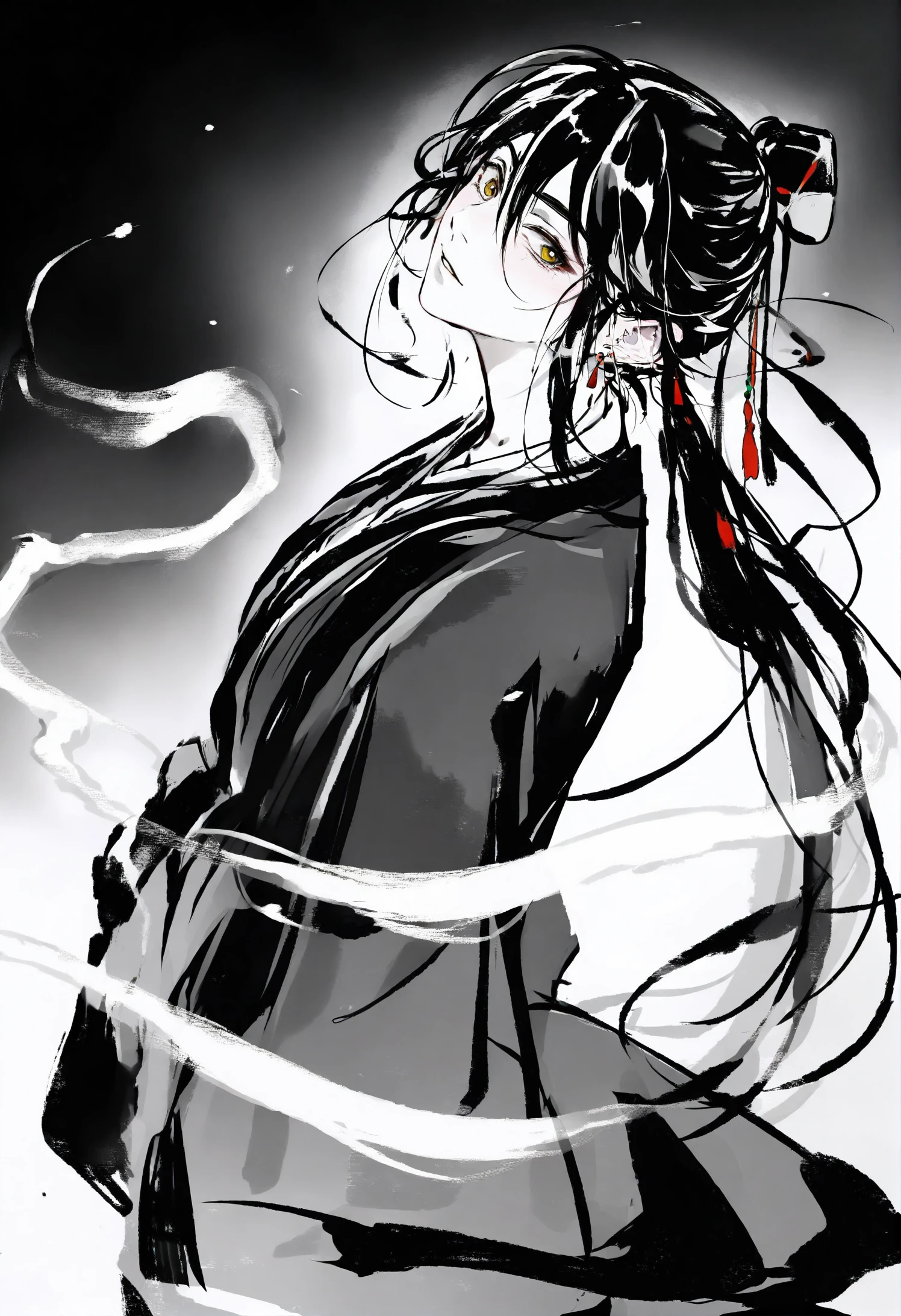 1girl, male focus, 1boy, 
solo, long hair, monochrome, ponytail, white background, looking at viewer, upper body, greyscale, hanfu, simple background, from side, chinese clothes, smoke, parted lips, head tilt, bishounen 
masterpiece, earrings, tassel, yellow eyes, sidelocks, low ponytail, looking to the side, tassel earring, wide-eyed, single braid, long sleeves, amazing quality of life \(genshin impact\), braid, blush, hair ornament, jewelry, hair between eyes, spot color,
best quality, very aesthetic, absurdres
 <lora:inkcharacterlokr_for_illustrious-000185:0.95>