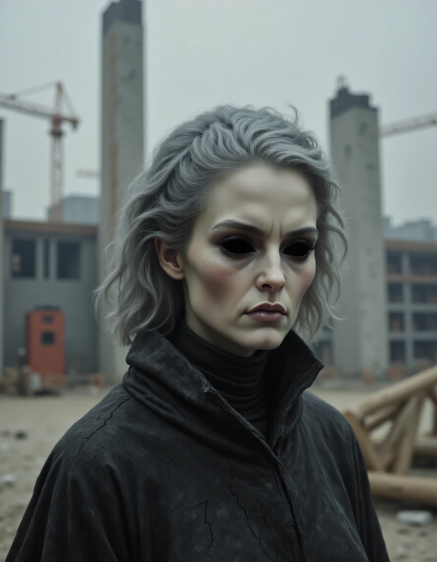 a cinematic shot of a woman with black hollow eyes,Feathered haircut,Silver hair, we are outside of a construction yard which is built and decorated in the mixed style of SANAA (Kazuyo Sejima and Ryue Nishizawa) and Jørn Utzon   <lora:Hollow_Eyes_Portrait_Flux_V2-000021:1.2>