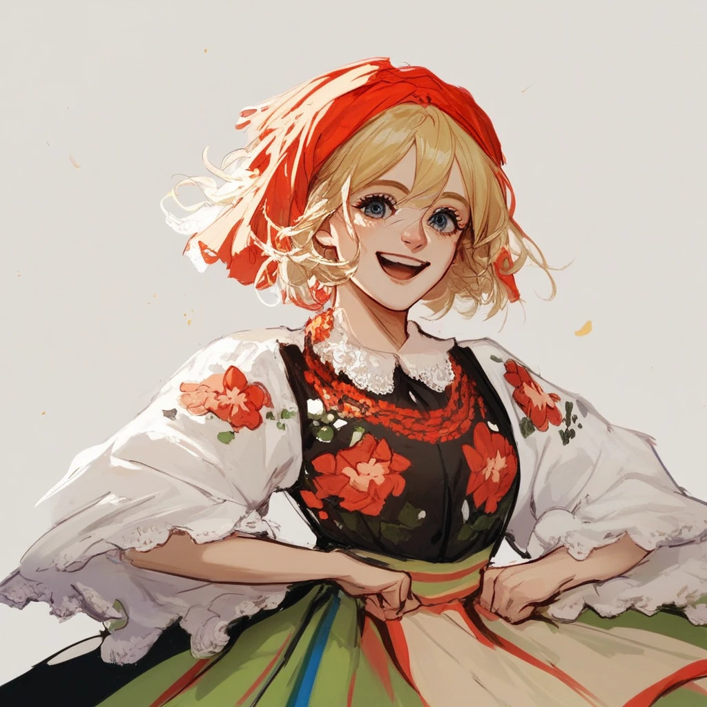 score_9, score_8_up, score_7_up, <lora:PolishDress:1> 1 girl, blonde, smile, happy, caucasian, beautiful, tradpolishdress, traditional clothes, floral print, skirt,