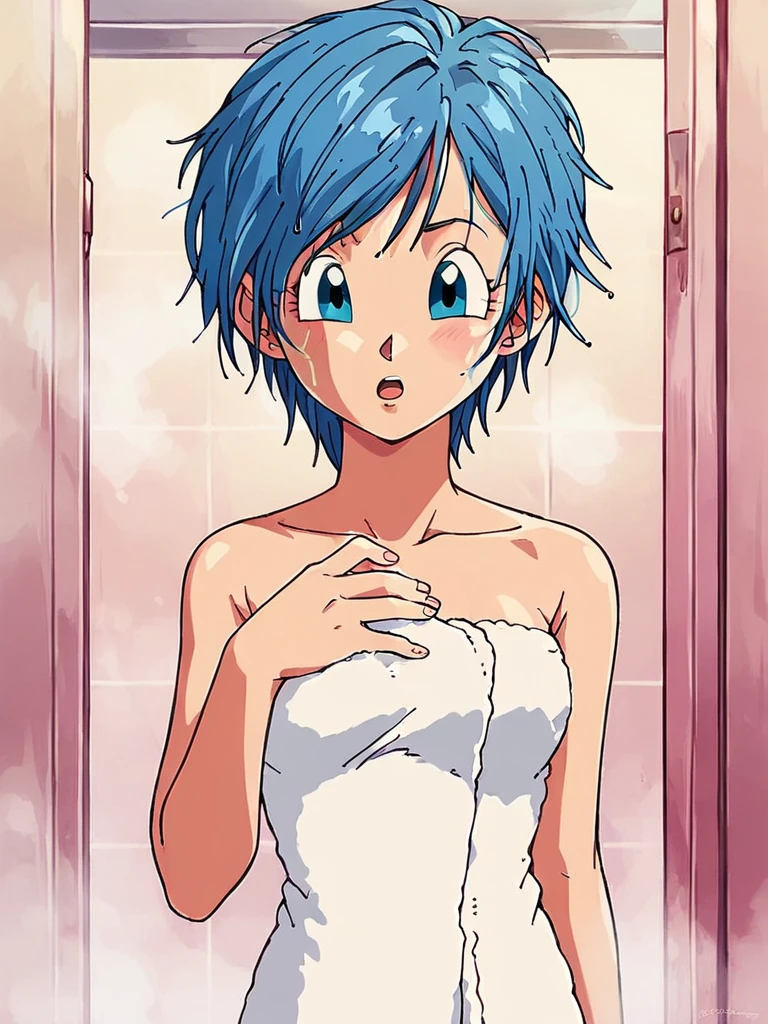 score_9, score_8_up, score_7_up, 
1girl, bulma, blue hair, blue eyes, short hair, swept bangs, 

standing, towel, hand on own chest, open mouth, looking at viewer, messy hair,
