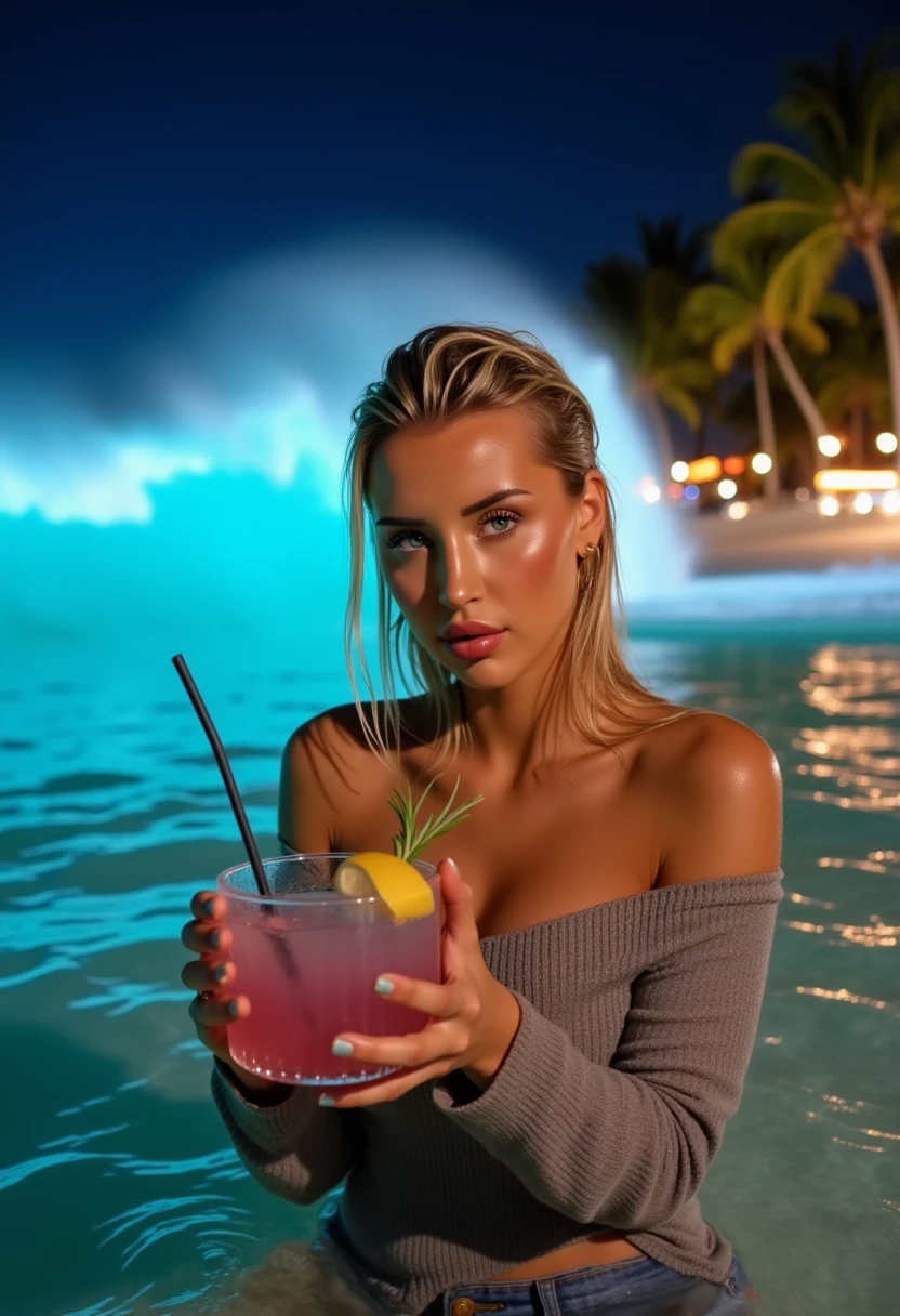 This photograph captures a young woman in a beach setting, with a vibrant, dynamic composition that blends natural and artificial lighting. She is partially submerged in the shallow, clear water, her wet, blonde hair slicked back, and she gazes directly at the camera with a seductive expression. She is wearing a sweater and jeans and her skin glistens with water droplets, emphasizing her tan. In her left hand, she holds a glass of a pink cocktail with a lemon slice and a sprig of rosemary. The background features a dramatic, turquoise ocean wave crashing in the foreground, with its spray illuminated by a blue light. The wave's movement creates a sense of motion and energy. To the right, the beach stretches out, with palm trees silhouetted against the night sky, and soft, warm lights from beachside establishments cast a golden glow, creating a contrast to the cool blue tones of the ocean. The overall mood is both sensual and adventurous, with a blend of natural and urban elements, capturing the essence of a tropical, lively beach at night. M1K4YL4