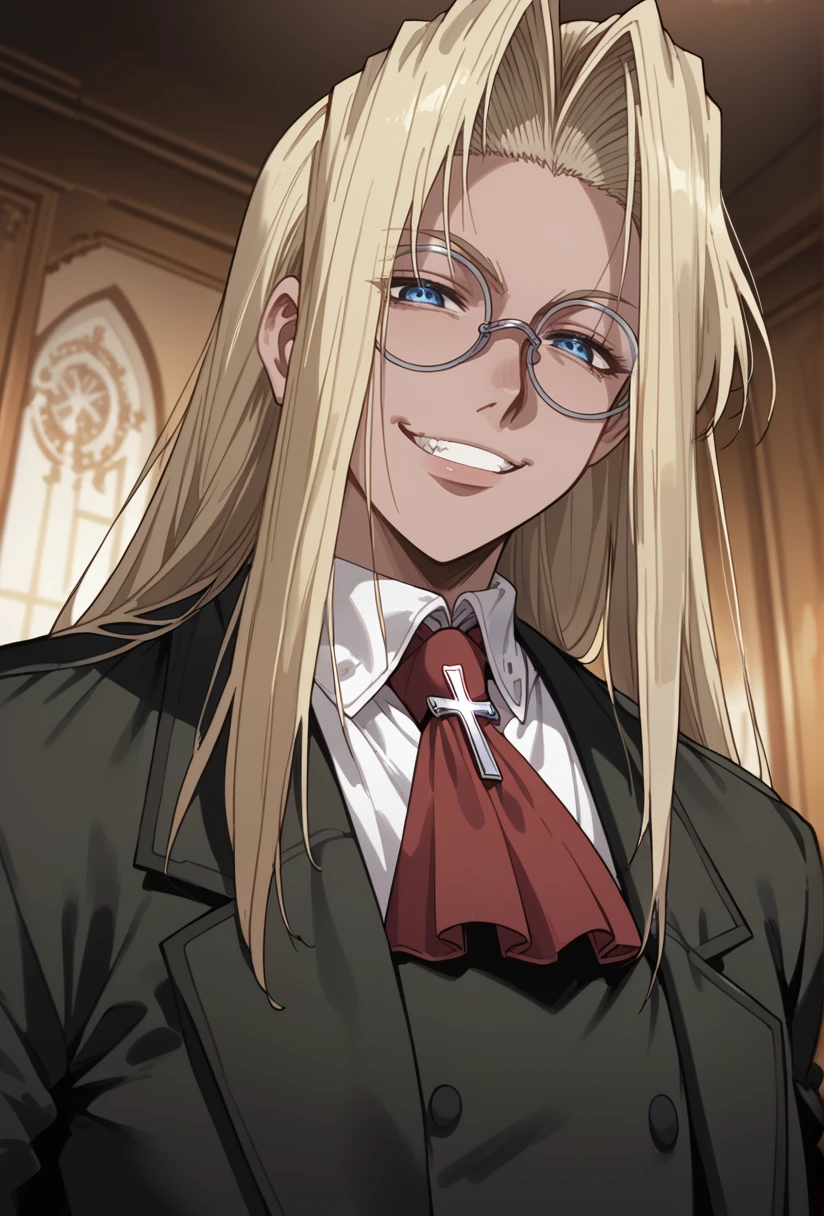 score_9, score_8_up, score_7_up, score_6_up, source_anime, absurdres, highres, character focus,
from below, upper body, 
integra hellsing, 1girl, solo, looking at viewer, half-closed eyes, arrogant grin, long hair, blonde hair, blue eyes, blonde hair,  flat chest,
glasses, red ascot, cross, formal, suit, pants,
noble room, portrait,
 <lora:Integra_Hellsing_-_Hellsing:1.0>