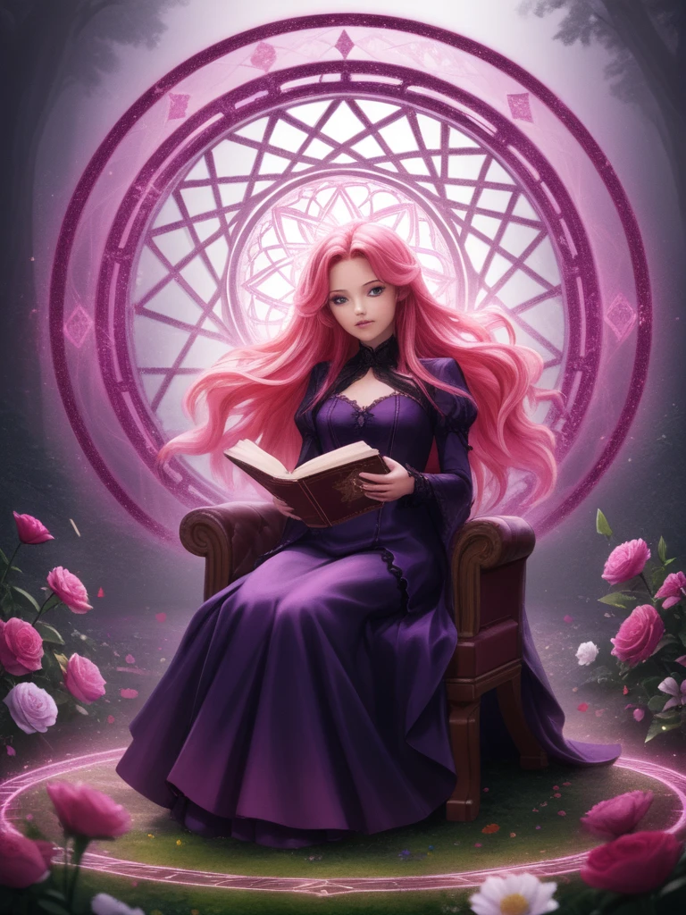 Solo, 2.5d, highly detailed, intricate, beautiful aesthetic, anime artwork,
vibrant, extreme contrast, raytracing, dark colors, edgy, gothic,
magic circle,
starfire, reddish pink hair, long hair, purple long dress with golden details, rocking chair, reading a book, flower garden, falling flowers,
expressive,