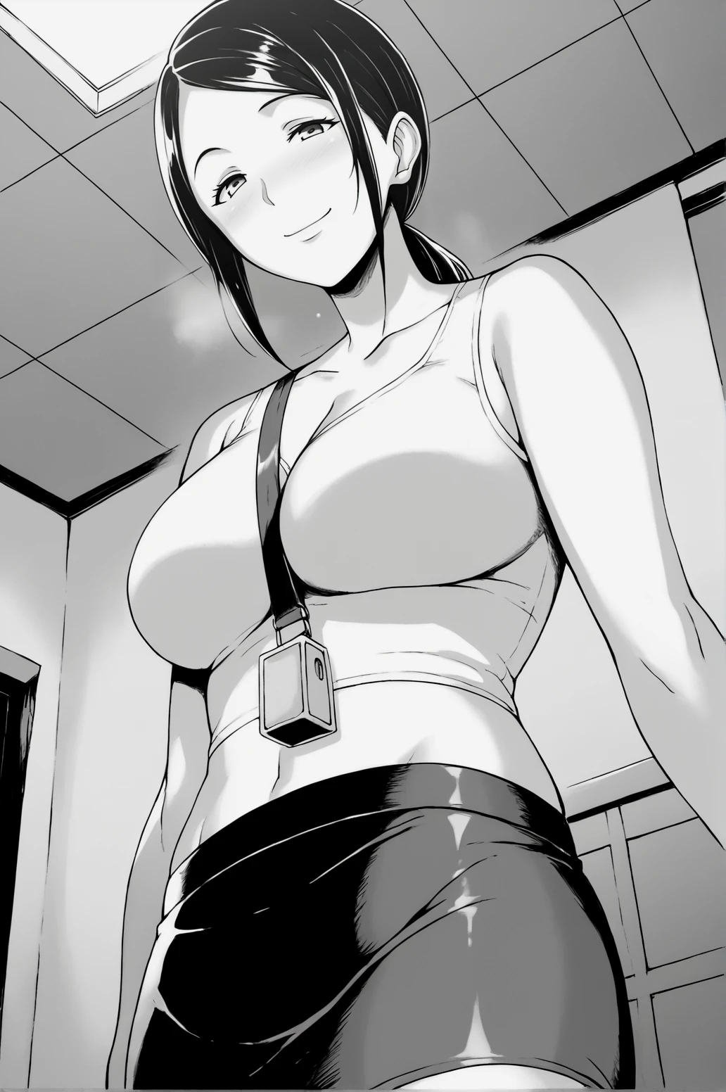 score_9, score_8_up, score_7_up, monochrome, manga_source, best background, detailed background, manga, grayscale   Haruka, scoop neck, midriff, skirt, strap between breasts, cowboy shot, horny, naughty face, dynamic angle, dynamic camera, indoors, solo,   <lora:JN_Haruka_Milf:0.8>