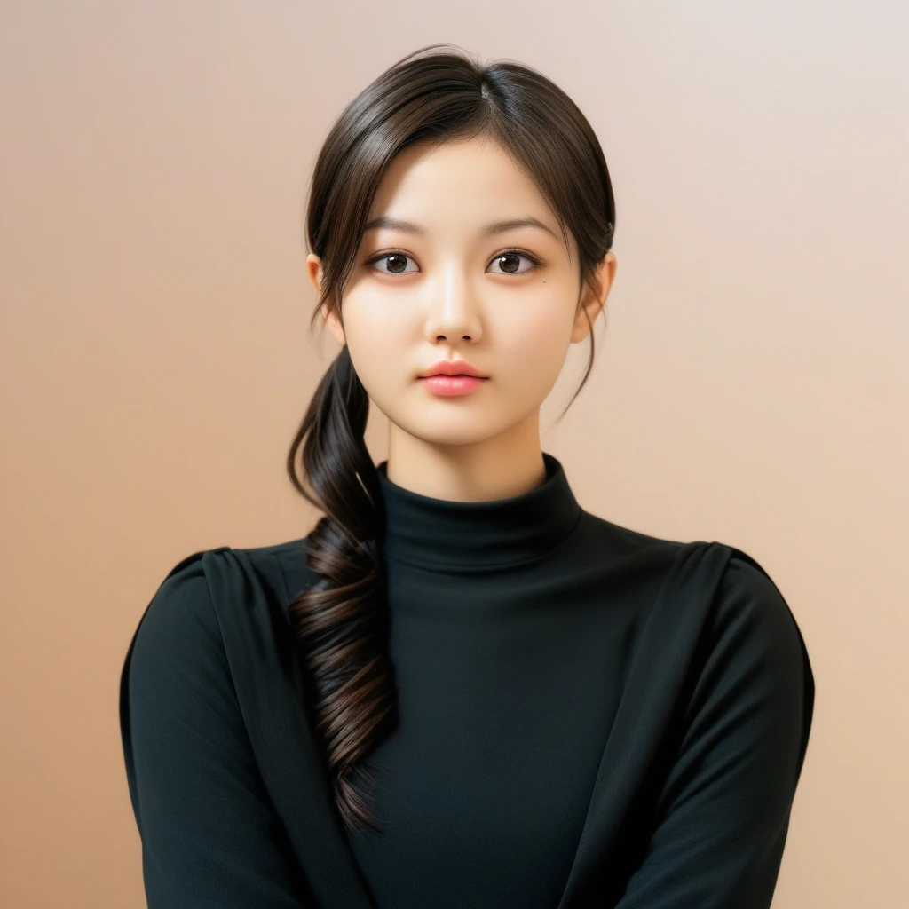 with a subtle hint of makeup, petite nose and full, refined aesthetic. She has long, This is a high-resolution photograph of a young woman of East Asian descent, dark brown hair that falls over her shoulders. She has a slender physique with a petite frame and a youthful appearance. Her facial features are delicate and symmetrical, pink lips slightly parted, This photograph features a young woman with long, giving a polished and professional appearance., side-swept ponytail