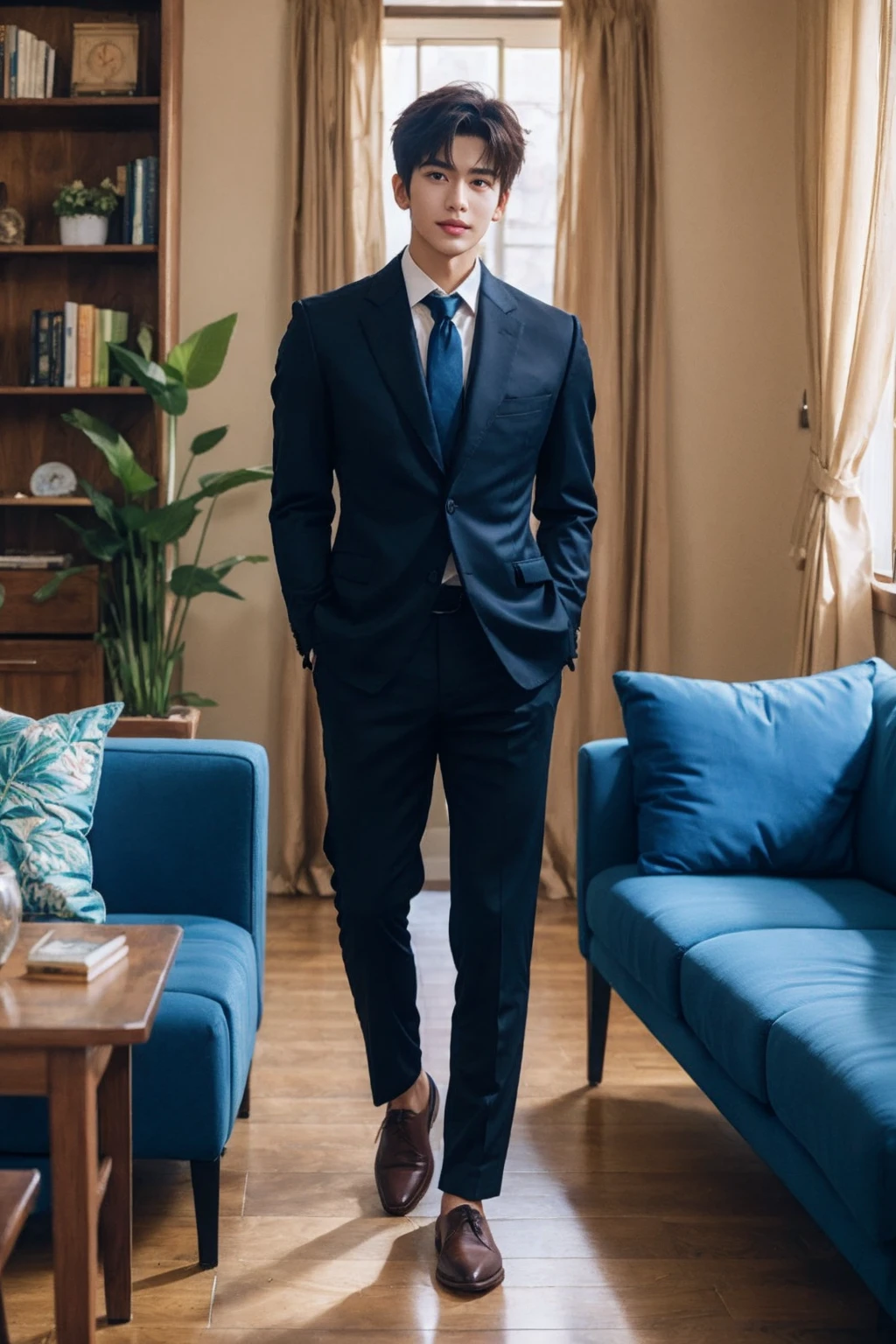 1boy, male focus, full body,standing, black hair, side-split bangs, slender eyes, low brow, square jaw, (tanned brown skin:0.9),close mouth, formal, collared shirt, necktie, open jacket, black suit, black blaze, black pants, tall muscular guy, 
wide shot,
day, indoors, living room, intricately detailed visible background, caustic, floor windows, blue sky, curtains, table, couch, building, plant, reflective floor, cloud, wooden floor, dramatic shadow, bookshelf, railing, carpet, vase, hanging pictures, potted plant,
colorful, Cinematic lighting,  center focus, symmetrical, diffuse lighting, fantasy, 
<lora:AsianMan002:0.9>