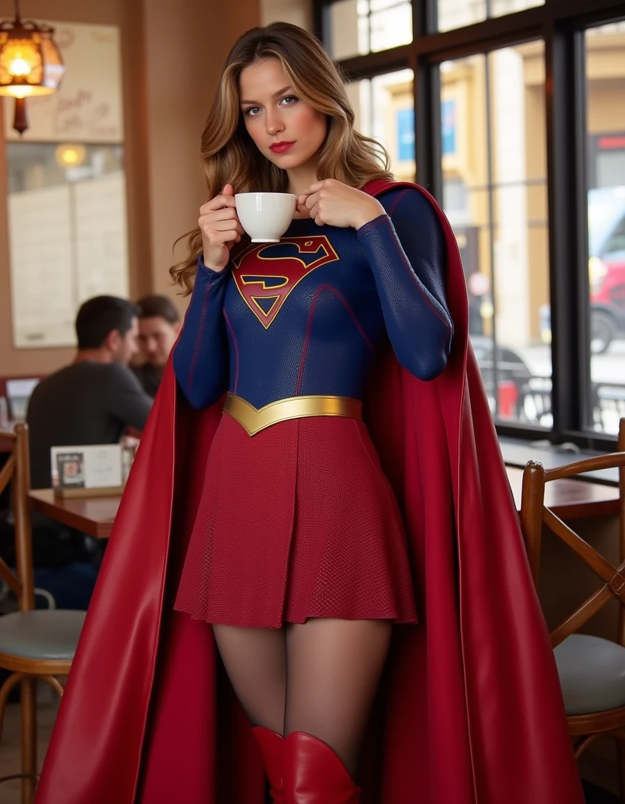 <lora:Supergirl_Flux:1> This is an image of supergirl in her superhero costume with a red cape, her cascades over her shoulders. she is standing in a cafe having a coffee