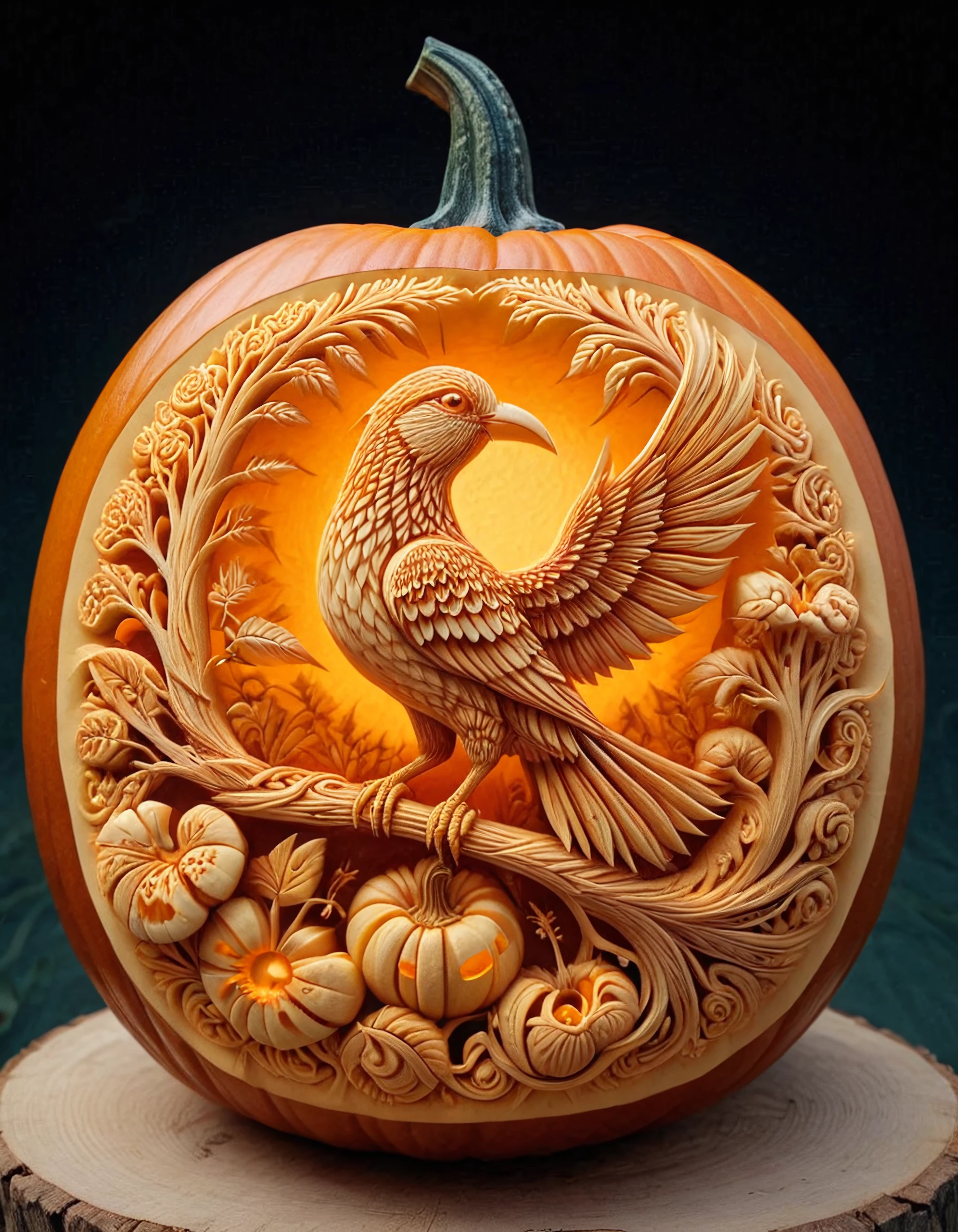 pumpkarv, carved pumpkin art of a paradise bird