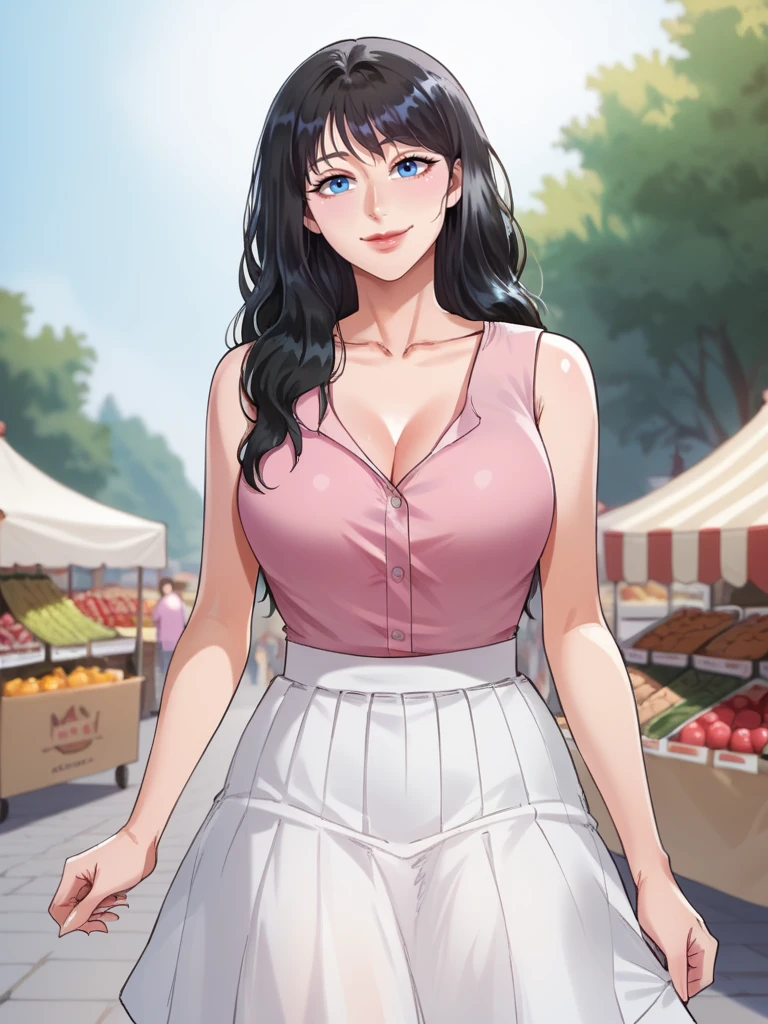 score_9, score_8_up, score_7_up, score_6_up, source_anime, <lora:neg4all_bdsqlsz_V3.5:2.0> Ryeong, 1girl, blue eyes, black hair, long hair, white skirt, cleavage, pink shirt, lips, looking at viewer, sleeveless shirt, collarbone, outdoors, smile, standing, market, day, cowboy shot
 <lora:SMBWLeeRyeong-110reps-prod:1>