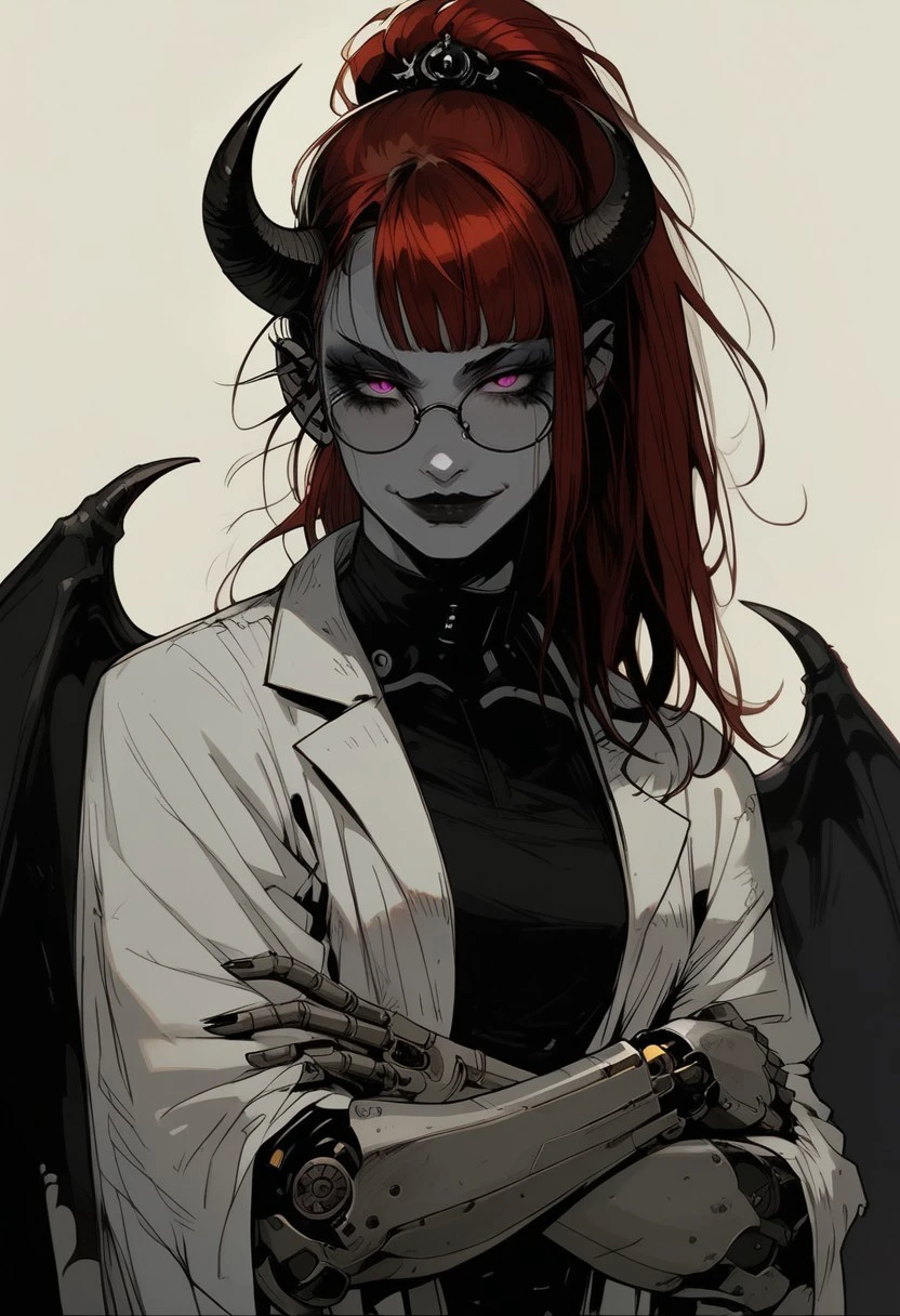 safe_pos, safe_pos, score_9, score_8_up, score_7_up, charturnerv2, conceptart,multiple views,white background,simple background, BREAK, 1woman portrait, beautiful, dramatic lights ((Succubus, Demon Girl, Succub, horns, seductive, seductive look, goth, goth girl, lab coat, coat, white coat,  goth makeup, muscular, athletic, muscular woman, athletic woman, pink eyes, wings, bat wings grey skin, grey colored skin, red hair, long ponytail, ponytail, high taied ponytail, bangs, side bangs,  glasses, round glasses, happy, smug, mechanical arm, metal arm, robot arm))
