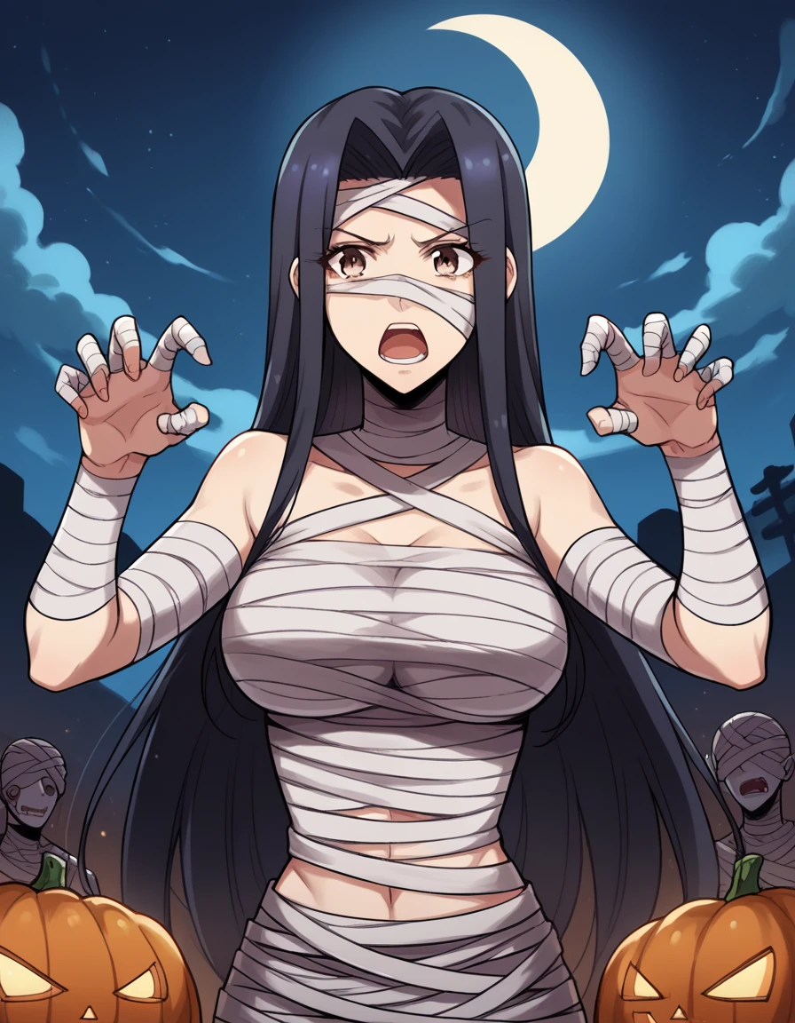 score_9, score_8_up, score_7_up, source_anime, <lora:kuroko-smith-s1-ponyxl-lora-nochekaiser:1>, kuroko smith, long hair, black hair, parted bangs, brown eyes, large breasts,, <lora:mummy-costume-ponyxl-lora-nochekaiser:1>, mummy costume, bandages, halloween costume, bandaged arm, zombie pose, bandage on face,, desert, moon, night, open mouth, , dutch angle,