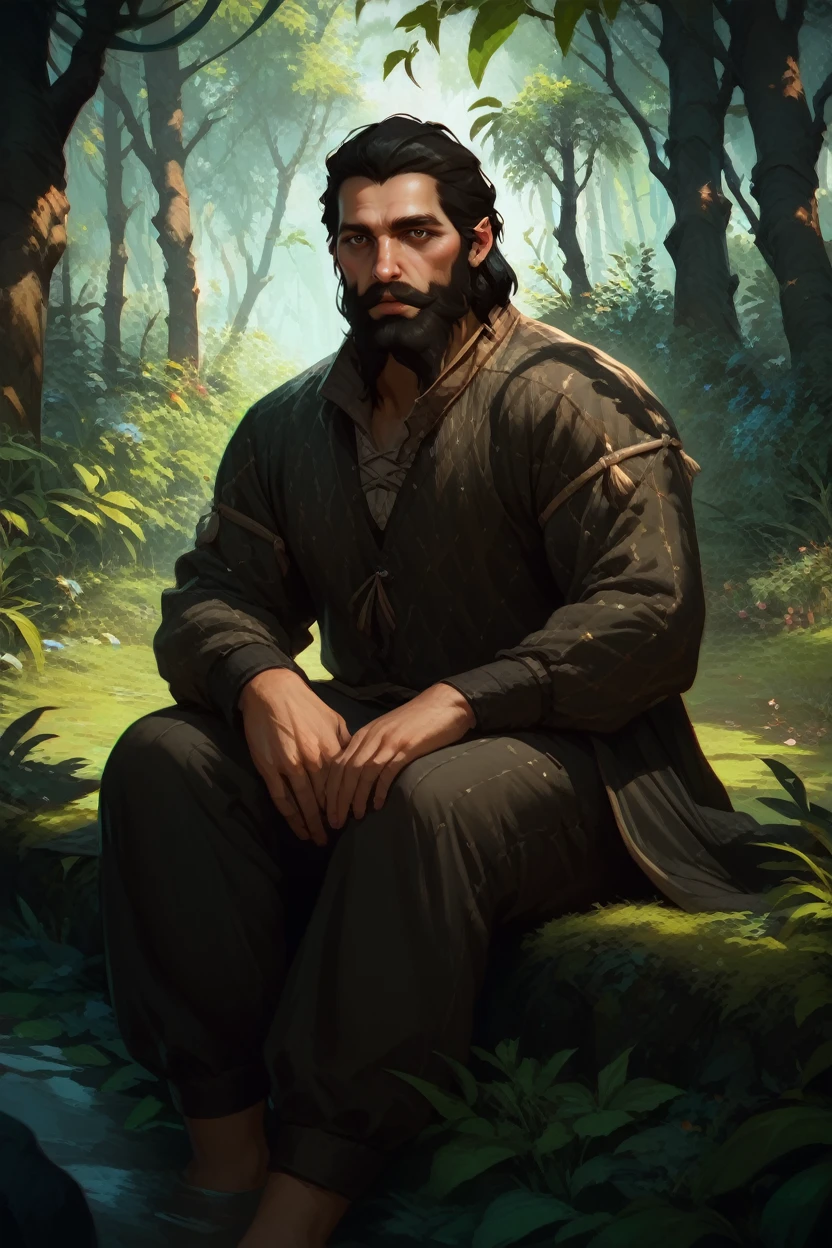 score_9, score_8_up, score_7_up,
<lora:DAIBlackwall:0.8>
DAIBlackwall, 1boy, brown eyes, black hair, beard, looking at viewer, Rainforest canopy with sunbeams, vibrant and lush, sitting