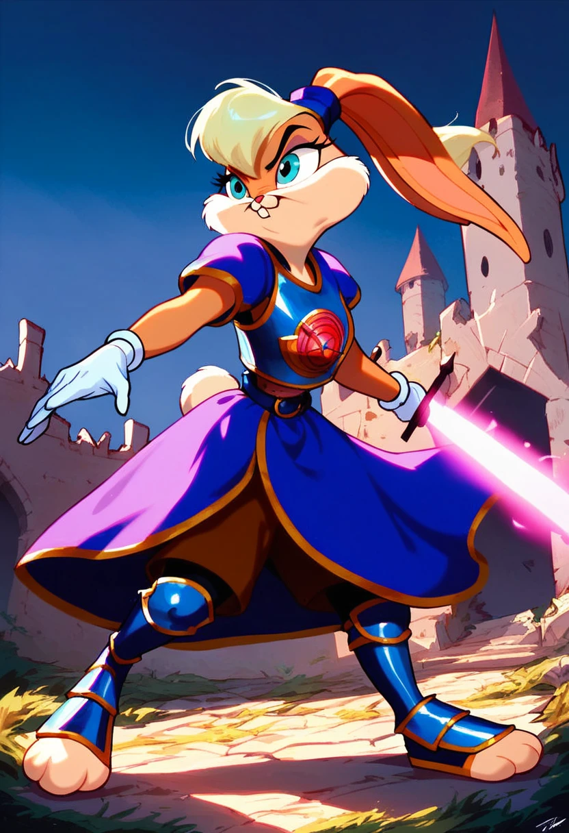 score_9, score_8_up, score_7_up, lola bunny, medieval warrior, fantasy armor, holding a glowing sword, castle ruins in the background, moonlit night, dramatic pose, wind blowing through her fur, magical aura, mystical creatures around, epic battle scene