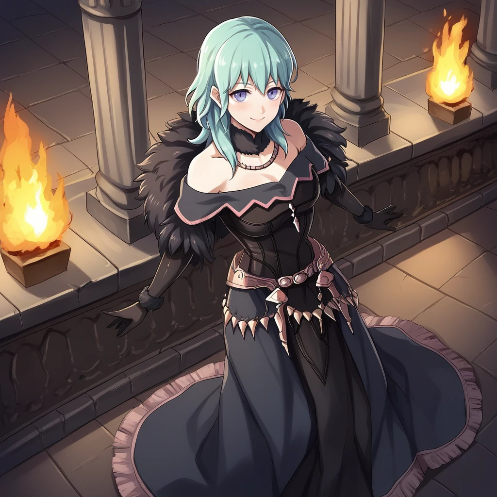 score_9, score_8_up, score_7_up, score_6_up, score_5_up, score_4_up, zPDXL2,source_anime,rating_questionable, 1girl,byleth_(fire_emblem), indoors, high angle, smile,  <lora:Gremory_Outfit_-_Fire_Emblem_Three_Houses:0.8> gr3mory,fur trim, bare shoulders, off-shoulder dress,long dress, jewelry, elbow gloves,