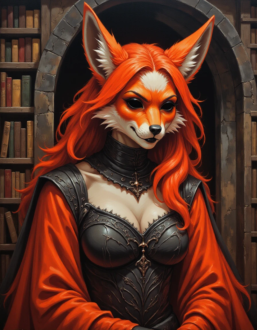 a cinematic portrait of a fox woman with black hollow eyes,dressed as a Gladiators,we are indside of a library which is built and decorated in the style of Crayon painting  , cinematic lighting Watercolor/Painting Effect and Texture Overlay and Zoom Blur , , fluid Michael Whelan   <lora:Hollow_Eyes_Portrait_Flux_V2:1> <lora:Anime Furry Style Flux_epoch_5:0.8>