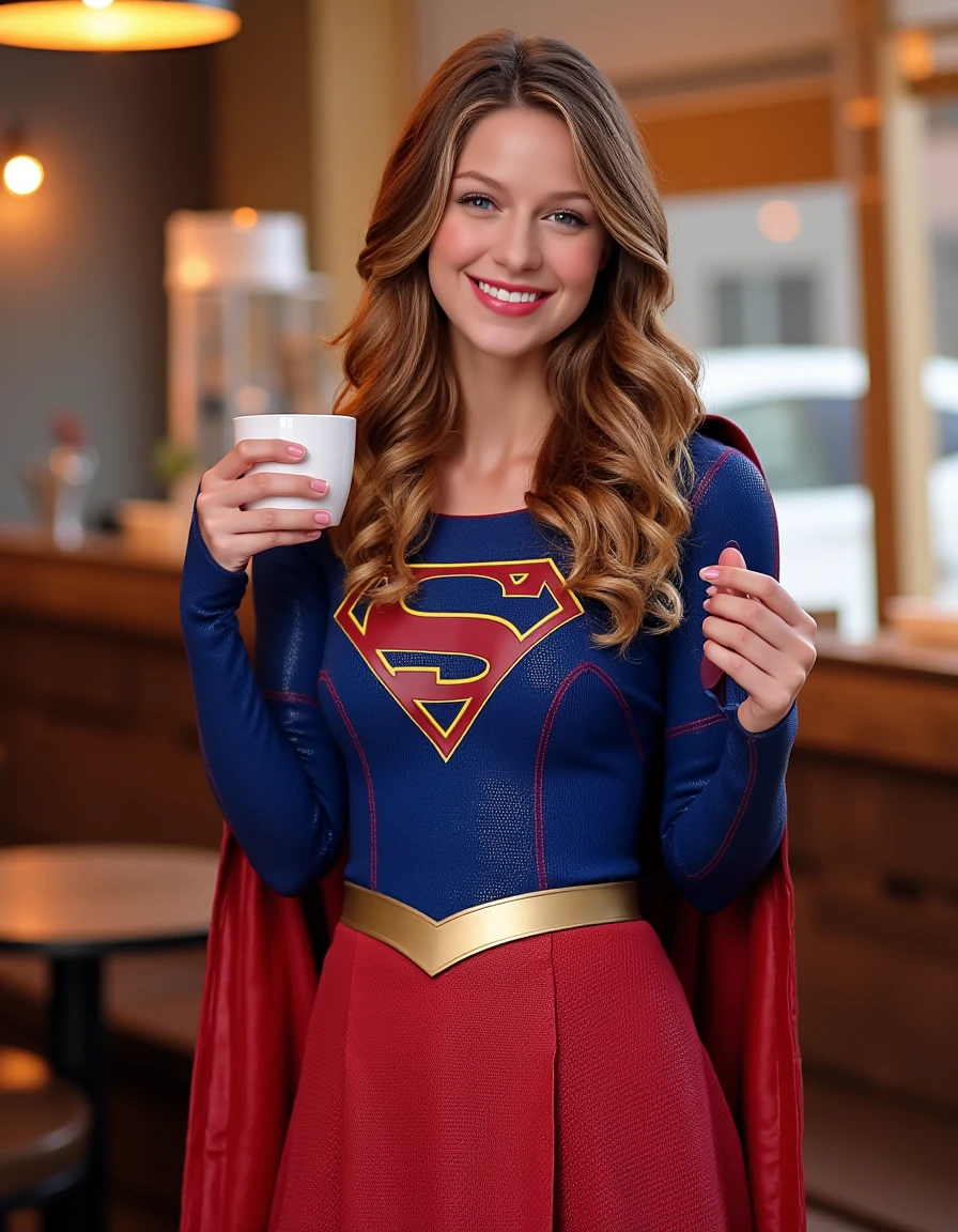 <lora:Supergirl_Flux:1.3> This is an image of supergirl in her superhero costume with a red cape, hair cascades over her shoulders. she is standing in a cafe having a coffee, smile