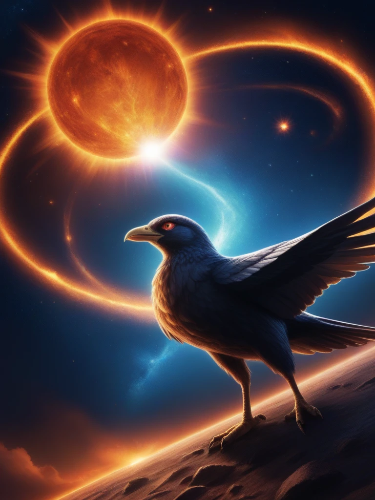 Solo, real, realistic, full body, feral, Pheonix, bird, blazing sun, ultra detailed, cosmic,