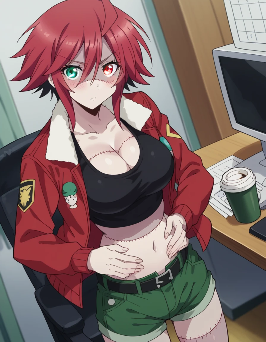 score_9, score_8_up, score_7_up, source_anime, <lora:zombina-s1-ponyxl-lora-nochekaiser:1>, zombina, short hair, large breasts, green eyes, yellow eyes, ahoge, red hair, heterochromia, stitches, zombie, patchwork skin, navel, cleavage, jacket, shorts, midriff, belt, open jacket, crop top, short shorts, tank top, red jacket, green shorts,, home office, working from home, computer screen, coffee cup, focus, deadline, , looking at viewer, hands on stomach, blush,, solo,, dutch angle,