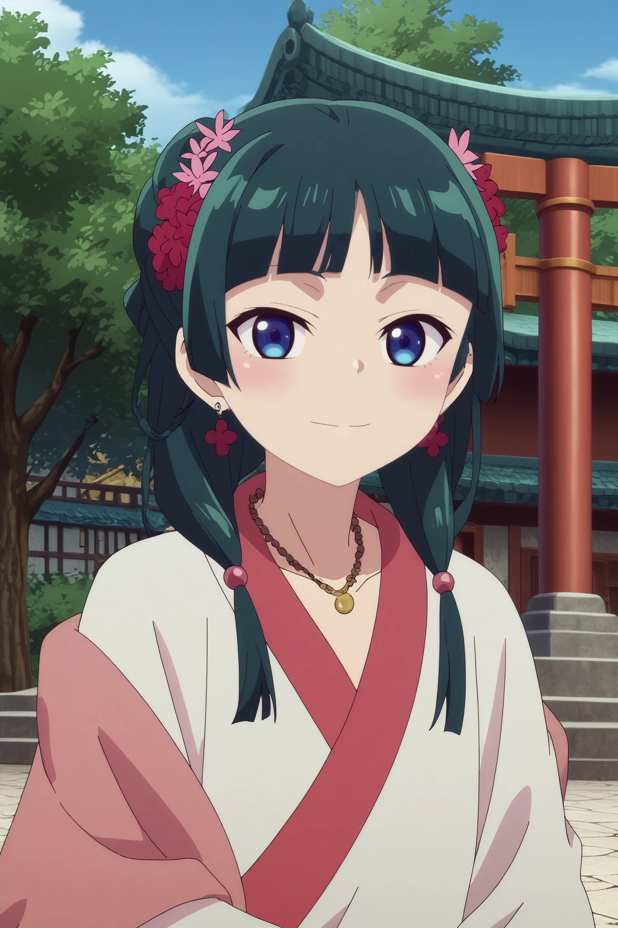  maomao,1girl,solo,japanese clothes,long hair,looking at viewer,bangs,kimono,hair ornament,blunt bangs,twintails,smile,makeup, hair ornament,hair flower,earrings, necklace, shawl BREAK outdoors,old japon city,torii,under torii,sakura flowers,Japanese architecture   Resting against a tree or pole with a sultry posture,  <lora:MaoMao.safetensors:0.8>