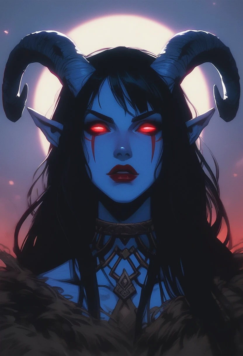 score_9, score_8_up, score_7_up, BREAK, GLSHS, 1girl, gothic, portrait, beautiful, tiefling shaman, black hair, (long hair:1.3), side bangs, horns, barbarian, gladiator, war paint, tribal markings, long tail, blue skin, red lips, red eyes, glowing eyes, (smug:0.85), dramatic lights, detailed, sharp lines, dynamic, detailed drawing