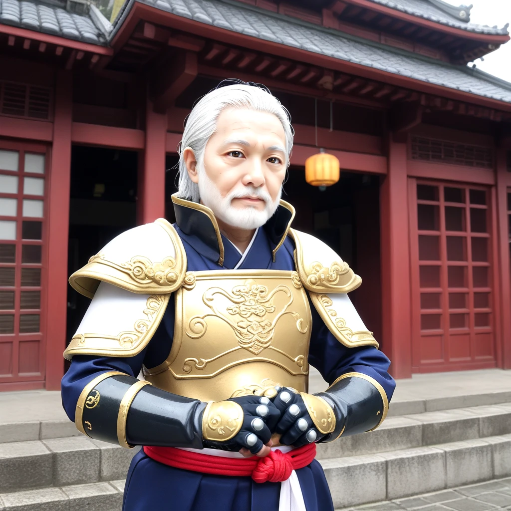 <lora:silkpunk_SDXL:0.7>, old man, east asian architecture, metal fingerless_gloves, bushi, medium_hair,  shoulder_armor, pads_pauldrons