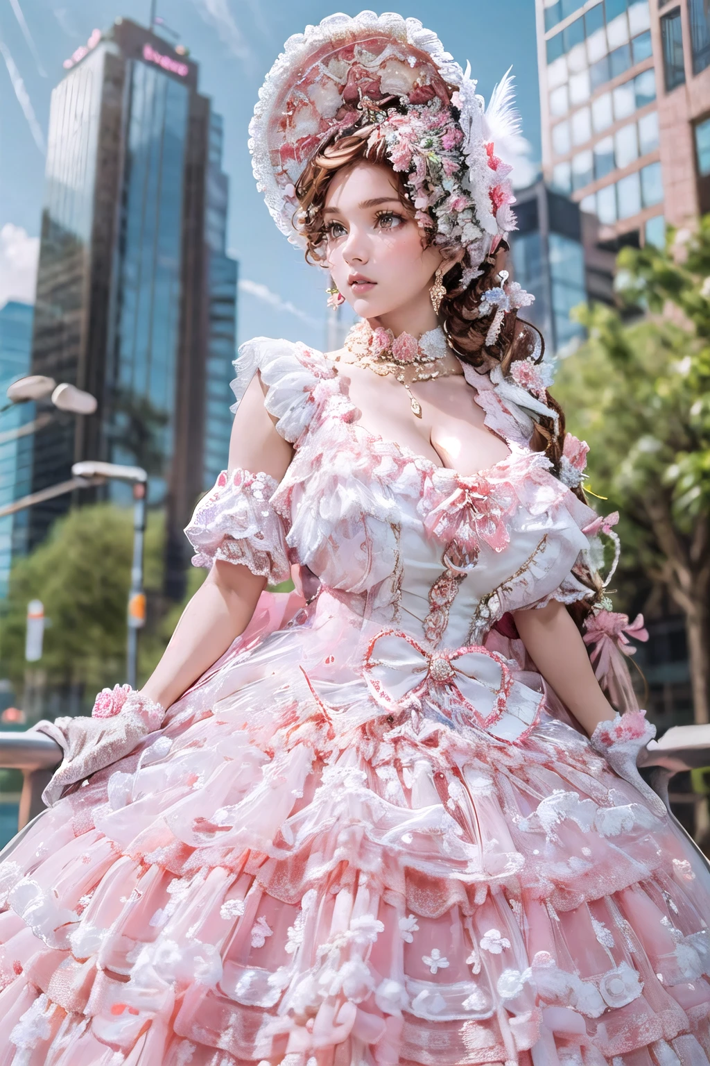 (masterpiece, best quality:1.2),illustration,8k,hd,1girl,solo,brown hair,long hair,cowboy shot,
jlxz,pink dress,jewelry,frills,hair ornament,bonnet,pearl necklace,long dress,pink ribbon,frilled gloves,lace gloves,pink glove,pink bow,
(collarbone:1.2),large breasts,saggy breasts,(cleavage:1.2),extremely detailed dress,(outdoors,skyscraper:1.5),