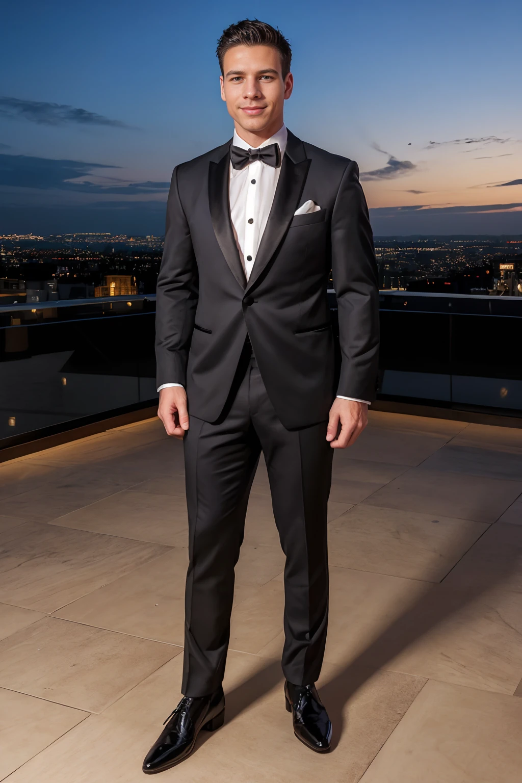 luxury rooftop bar, suave, slight smile, DickCasey wearing men's formal fashion outfit, black tuxedo, (((full body portrait))), wide angle <lora:DickCasey:0.8>