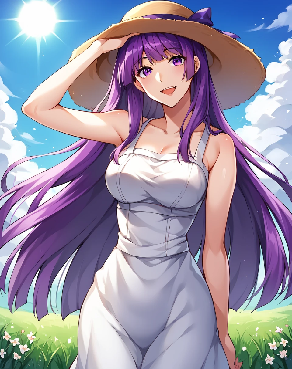 ye_ziyun, purple hair, purple eyes, long hair, breasts, sundress, sun hat, manhua BREAK outdoors, grass field, flowers BREAK looking at viewer, sexy face, sexy smile, open mouth, cowboy shot,hand on hat BREAK score_9, score_8_up, score_7_up, source_anime ,zPDXL, perfect hand, <lora:Ye_Ziyun:0.8>, solo, teen