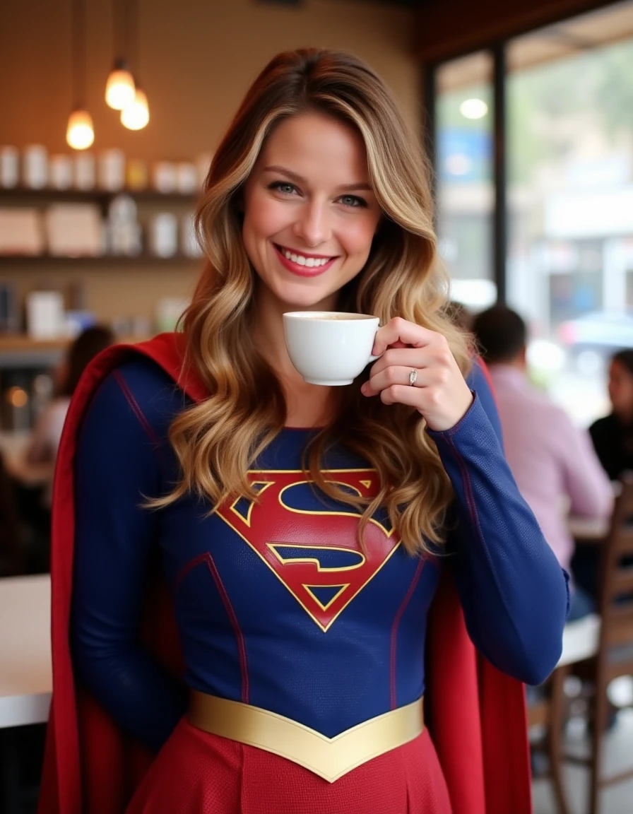 <lora:Supergirl_Flux:1> This is an image of Supergirl in superhero costume with a red cape, her hair cascades over her shoulders. she is standing in a cafe having a coffee, looking at the viewer smiling