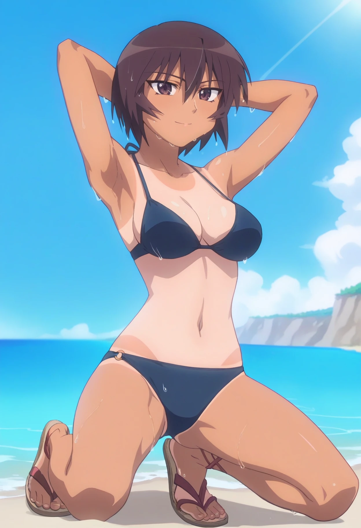 ((1girl)),((alone)),kobeni higashiyama, ( chainsaw-man),(masterpiece), (best quality), (ultra detailed), (best illustration), (best shadow), (absurdities), sharp focus, cowboy shot, atmospheric perspective, depth of field, dynamic posture, ((looking at viewer)), medium breasts, narrow waist, wide hips, wide thighs, round butt, erotic, romantic, (highly detailed eyes, lips 1.1), highly detailed eyes, eyes, Highly detailed face, Very beautiful face, Symmetrical face, Aesthetic face, perfect face, perfect eyes, detailed eyelashes: 1.5), full height, beautiful slim figure, femininity, expressive appearance, elastic medium breasts , sexuality, parted lips, black hair, hair ornament, hair pin, red hairpin, mole, mole under the eye, ponytail, short hair, (brown eyes: 1.5), ((black bikini: 1.4) ),((swimsuit)),(( ruffled)),((neckline:1.2)), ((bare legs:1.4)), ((bare arms:1.3)), ((navel:1.4)) ,curves, defined body,Perfect and beautiful body, perfect and beautiful, closed mouth, nervous expression, nervous smile, blushing, (sexy pose: 1.2), ((solo)), standing: 1.3,((outdoor, beach, sea ,sunny,sand,clouds,clear sky)), Looking back,from behind,((focus on ass:1.4)), point of view:(from below), perfect anatomy, perfect hands