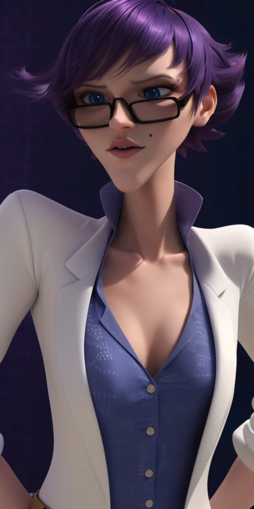 Hyperrealistic, photorealistic, super detailed, blue jeans, purple V-necked dress shirt with a white scientific scribble pattern and popped collar, deep cornflower blue eyes, short dark purple hair, prominent lips, beauty mark on her left cheek, pointy chin, body like in real life, large pores, fair skin, tall, beautiful arms, very flat very little breasts, unreal engine, octane render, droped shadow, bokeh, cinematic lighting, <lora:add_detail:0.5>, <lora:Volumetric_lighting:0.6>, Olga Mendeleiev, <lora:9ff36df4-f6f9-414c-b6c2-64238b1b9e87:0.7>