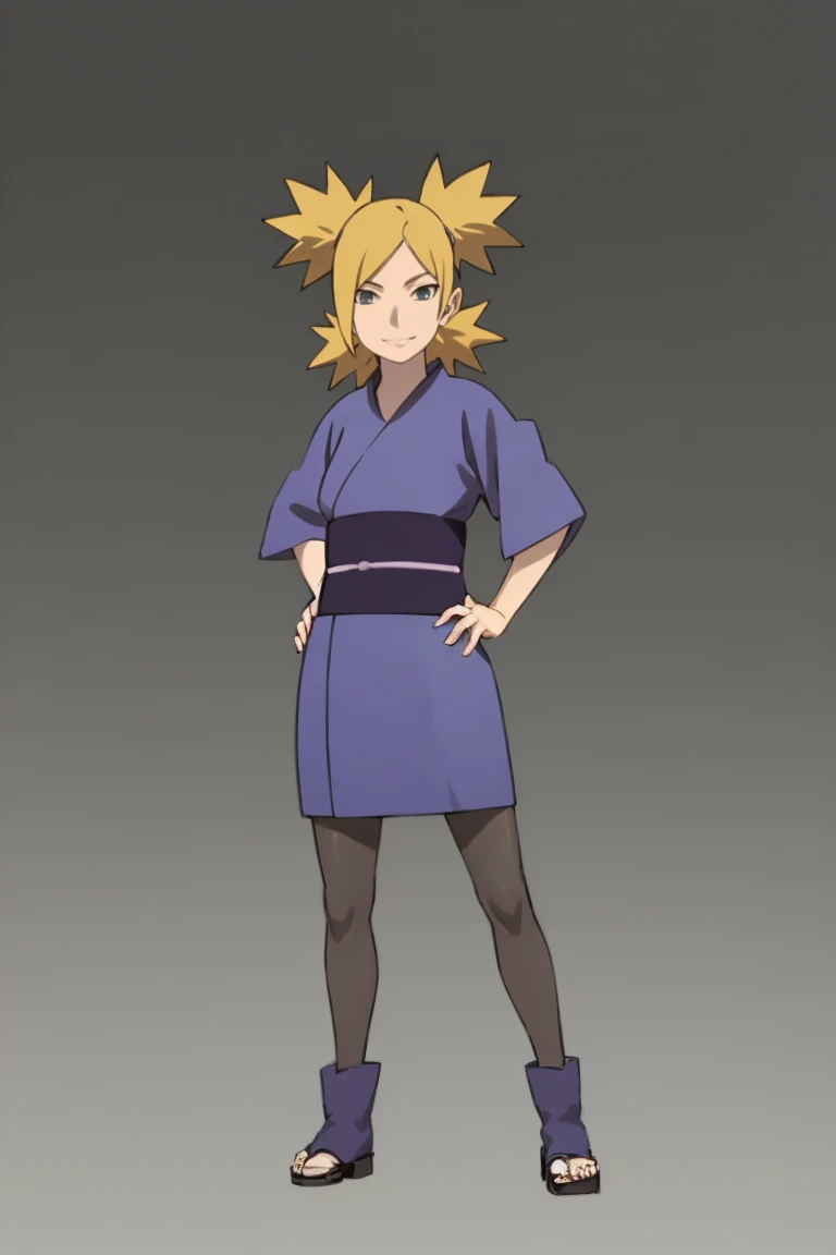 masterpiece, best quality,
1girl, temari, blonde hair, quad tails, blue eyes, japanese clothes, kimono, sash, pantyhose, toeless boots, toes,
hands on hips, smile, standing, full body, looking at viewer, solo, simple background, white background   <lora:TemariBoruto_byKonan:1>