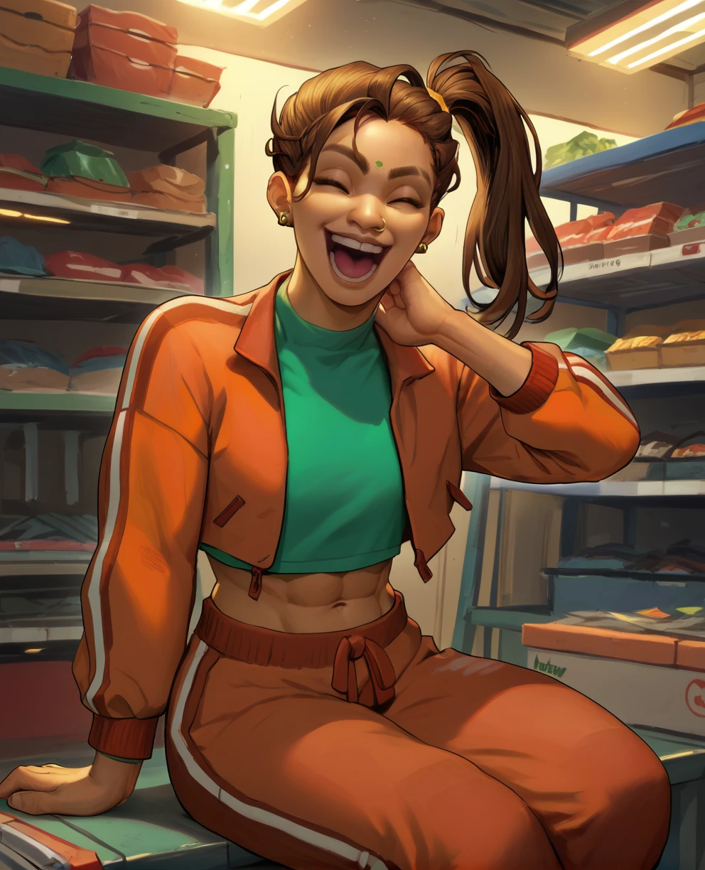 score_9,score_8_up,score_7_up,
Rampartxl,side ponytail,brown hair,green forehead mark,nose ring,earrings,
orange track pants,orange jacket,cropped green shirt,laughing,
solo,navel,toned,
sitting,
mechanic shop,
<lora:RampartXL:0.9>,