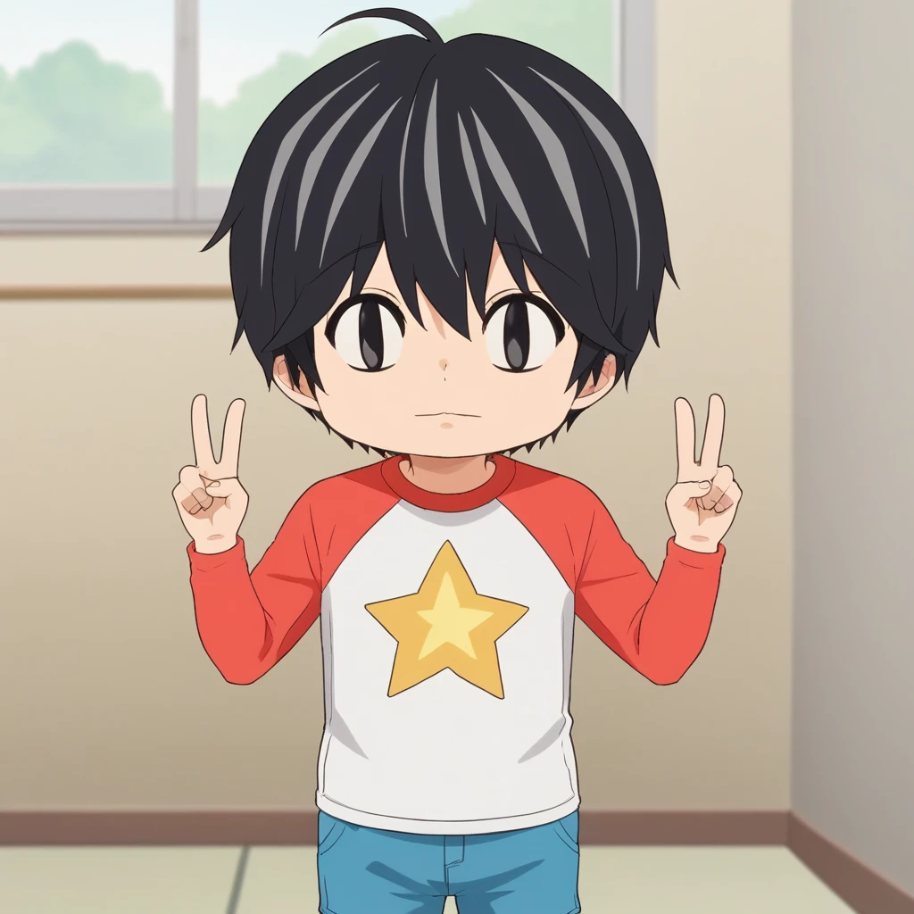 score_7_up, BREAK, Kotaro, 1boy, solo, black hair, black eyes, slim pupils, shirt, raglan sleeves, star shirt, cowboy shot, double v,  <lora:KotaroLivesAlone_PXL_Leaf4:1>, indoors, depth of field, chibi,