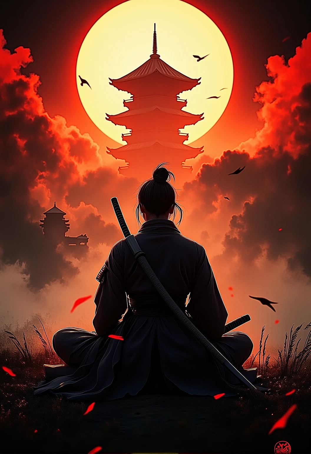 . A wide-angle shot of a female Samurai meditating in a temple garden in an open field at dawn with traditional clan symbols and dramatic shadows from a sunset., <lora:bv-crimson-ronin-style-v1.safetensors:1.0:1.0>