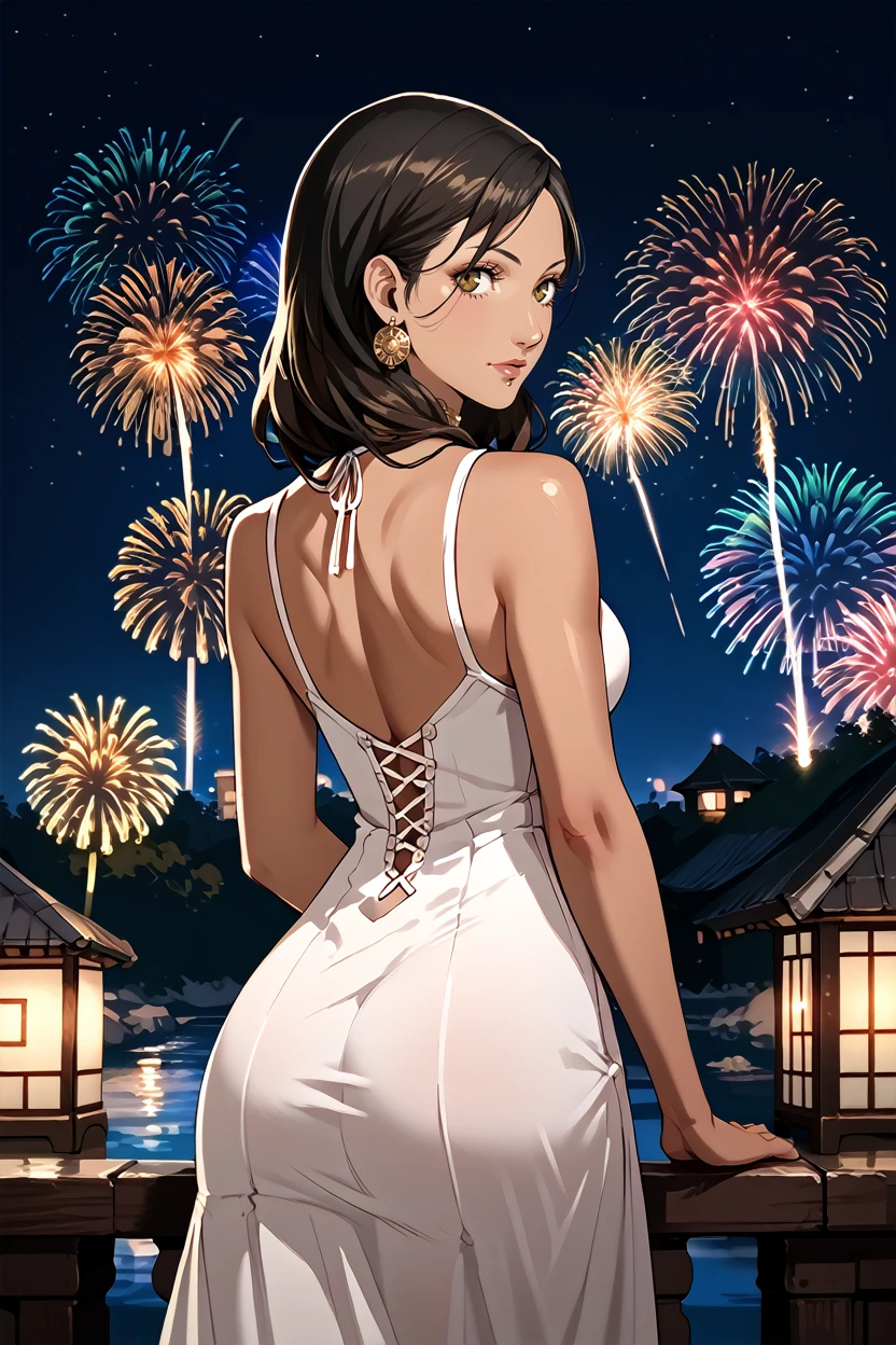 score_9, score_8_up, score_7_up,
<lora:DAIsabella:0.8>
DAIsabella, 1girl, black hair, brown eyes, tan, looking at viewer, from behind, cowboy shot, dress, looking back, fireworks, at night