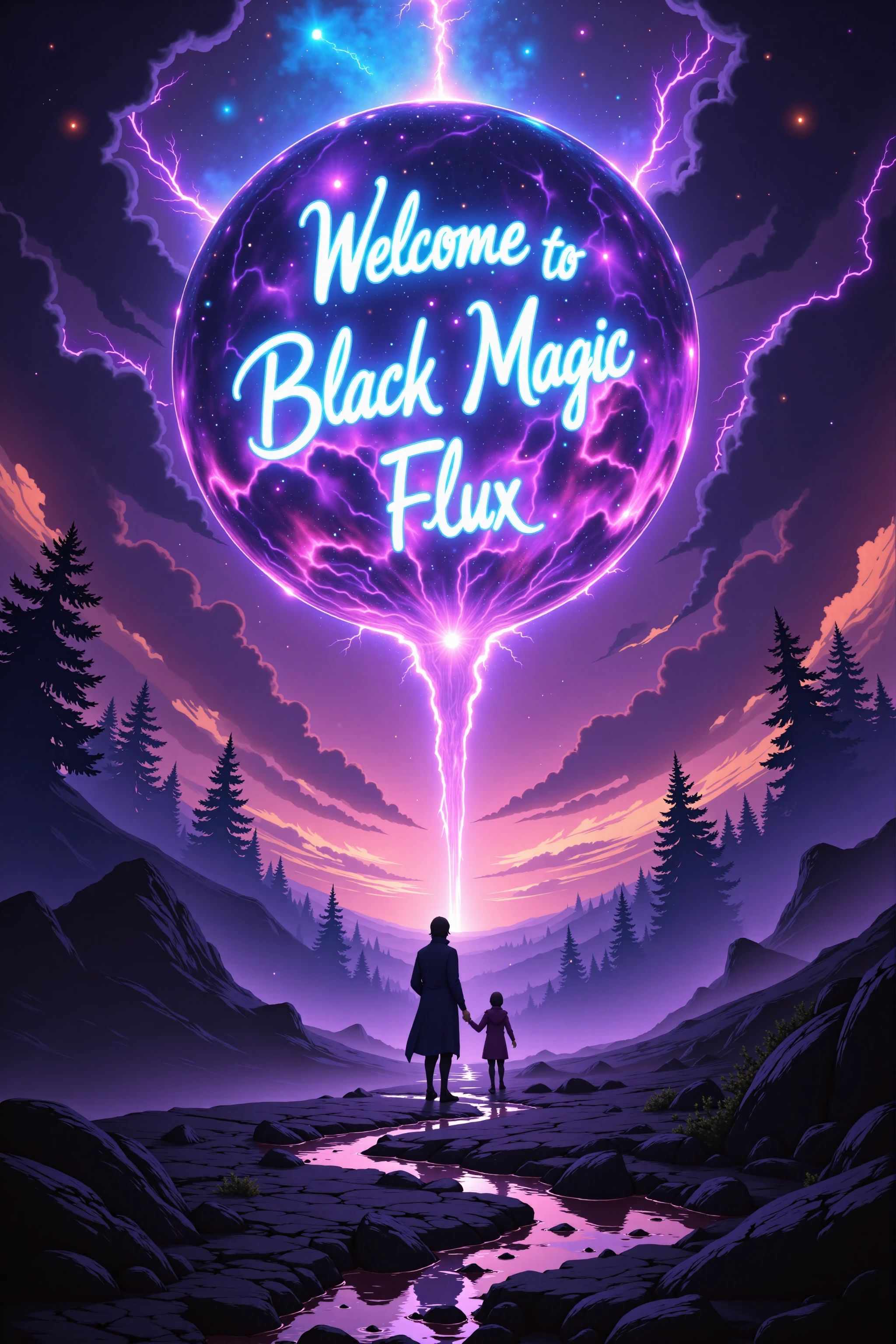 Glowing words, 'Welcome to Black Magic Flux!' are suspended in the twilight sky, surrounded by swirling purple and blue mist. Ethereal, soft starlight shines down, with faint shimmering particles floating in the air. The scene radiates a mystical aura, with dark, shadowy trees in the distance fading into the horizon. The entire atmosphere feels otherworldly, like a forbidden gateway between realms, with an enigmatic energy pulsing in the background.