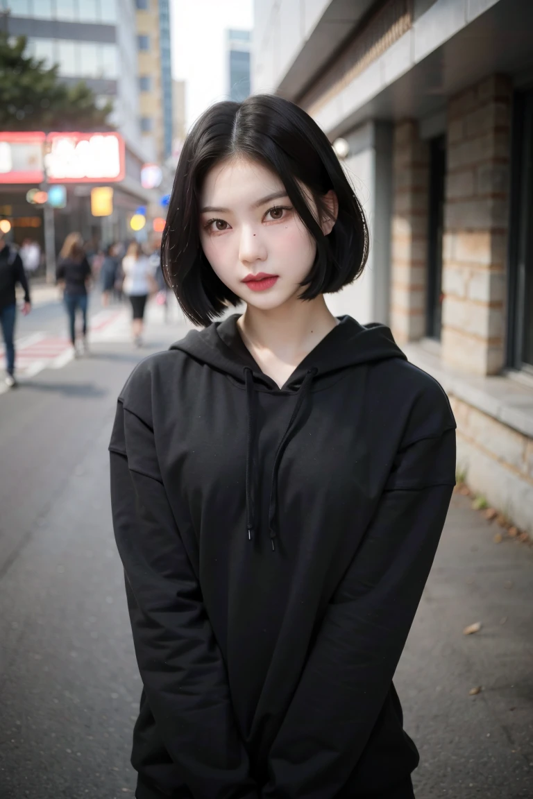 upper body photo of staycisa in black hoodie, short hair, makeup, streets, day, hard shadows, (photorealistic:2.0), <lora:staycisa-v3:1>