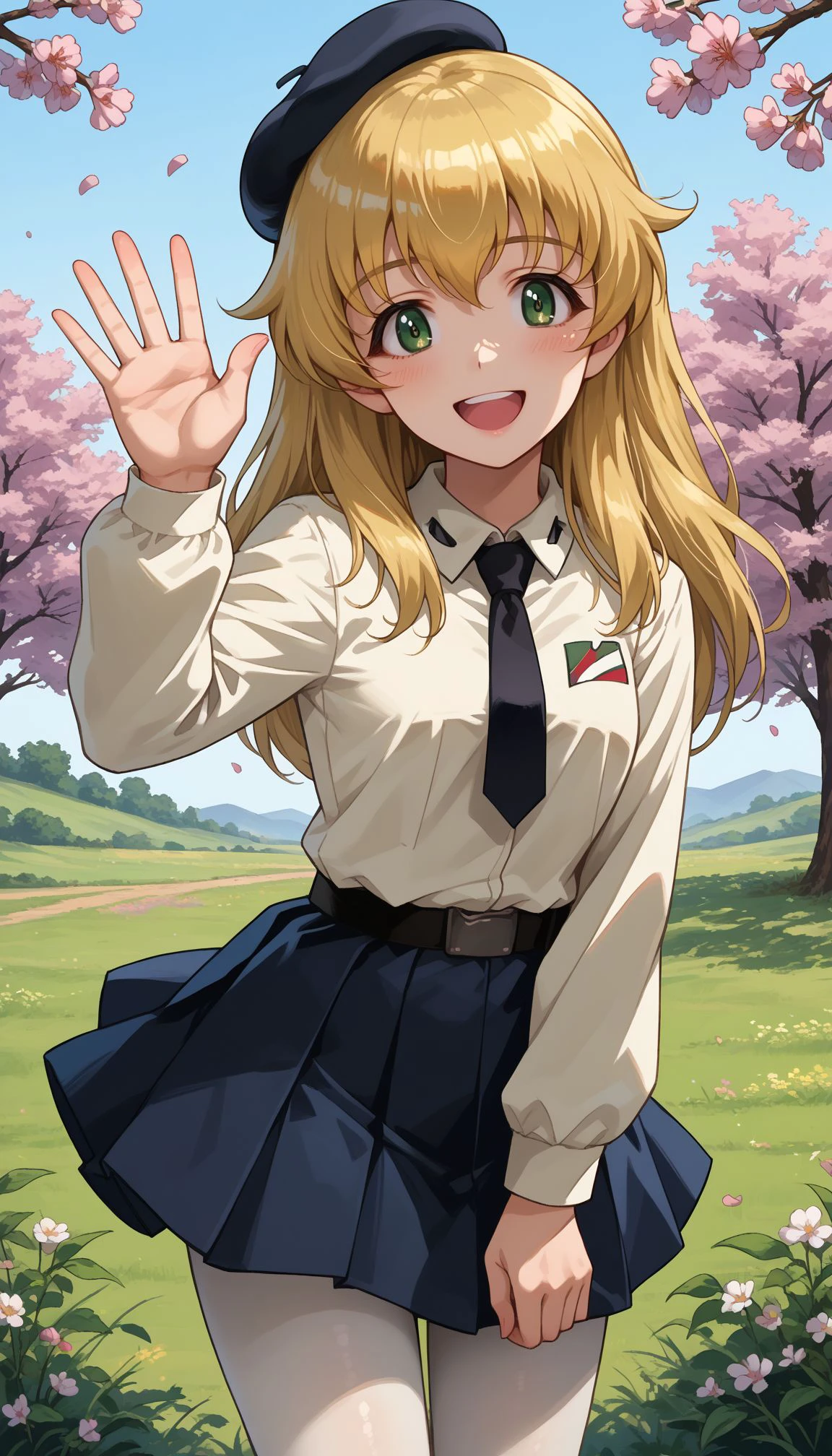 score_9, score_8_up, score_7_up, source_anime, ,outdoors,cherry blossoms,standing,cowboy shot,smile, flower field,
 <lora:GUPCarpaccio:1>,ACarpaccio, 1girl, long hair, carpaccio (girls und panzer), white pantyhose, green eyes, pleated skirt, anzio school uniform, black necktie, hat, beret, white background, dress shirt, smile, long sleeves, blonde hair, open mouth, white shirt, simple background, looking at viewer, miniskirt, standing, black belt, black headwear, leaning forward, waving, black skirt, cowboy shot, wing collar, :d