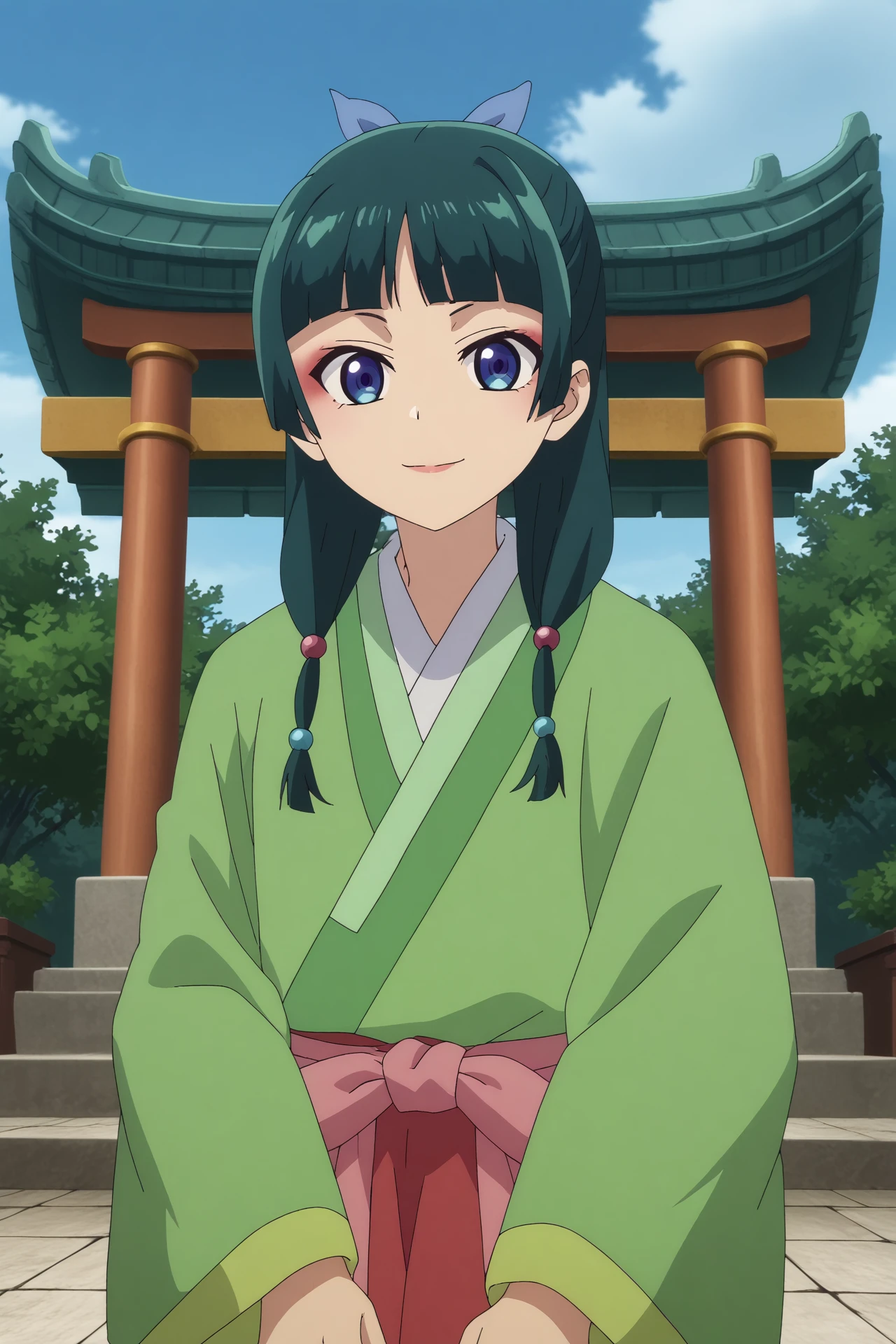  maomao,1girl,solo,japanese clothes,long hair,looking at viewer,bangs,kimono,hair ornament,blunt bangs,twintails,standing BREAK outdoors,old japon city,torii,sakura flowers,Japanese architecture,japanese temple,consistent background   Tilting head to the side with a flirtatious glance,  <lora:MaoMao.safetensors:0.8>