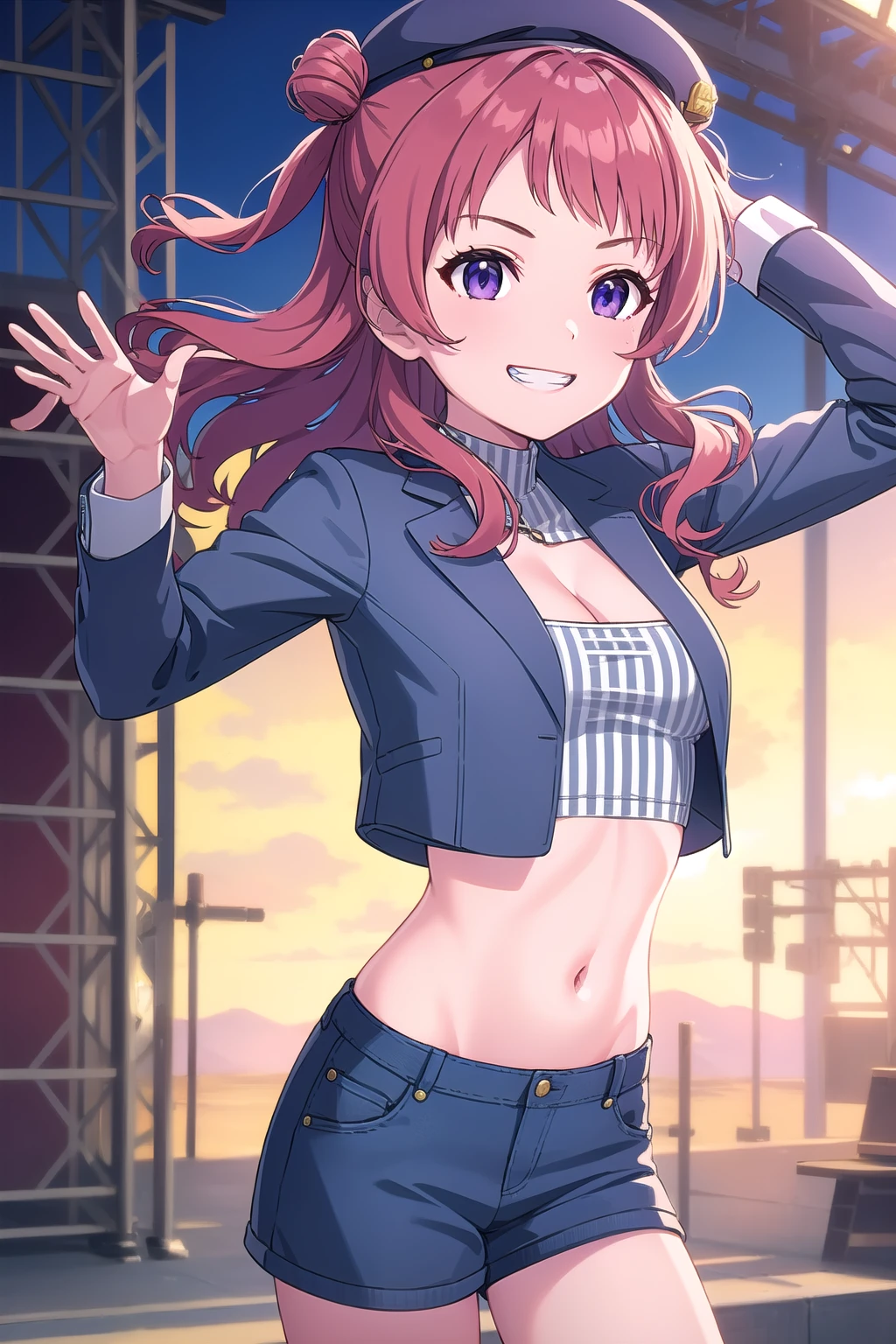 (masterpiece, best quality), highly detailed background, perfect lightingbest quality, hanamisaki, solo, outdoors, stage, beret, blue headwear, red hair, double bun, two side up, bangs, wavy hair, medium hair, purple eyes, medium breasts, blue jacket, cropped jacket, open jacket, white shirt, vertical-striped shirt, cropped shirt, crop top, cleavage cutout, long sleeves, chain, blue shorts, denim shorts, short shorts, smile, grin, <lora:Hanami-Saki:0.7>