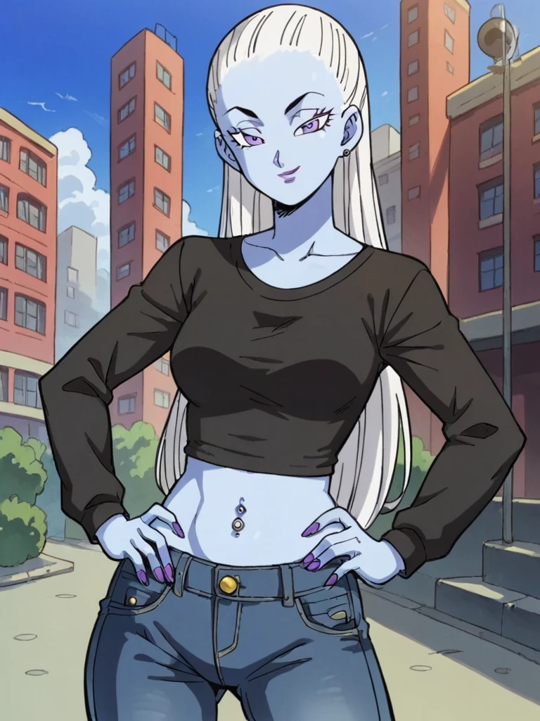 score_9, score_8_up, score_7_up, 
1girl, vados, blue skin, white hair, long hair, hair down, bangs, purple eyes, looking at viewer, smile, narrowed eyes,

standing, outdoors, building, solo, hand on hip, 
black t-shirt, long sleeves, jeans, midriff, navel piercing, medium breasts, cleavage, purple nails,
